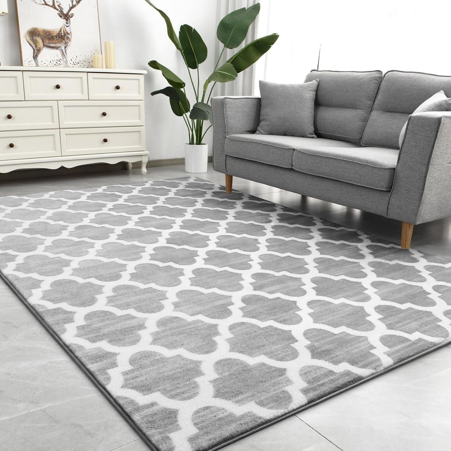 Large 5x8 Geometric Shag Modern Area Rug for Living Room Bedroom, Distressed Moroccan Fluffy Rug Indoor Carpets for Kids Nursery Bedside Room Decor, Memory Foam Soft Shaggy Rugs, Grey/White