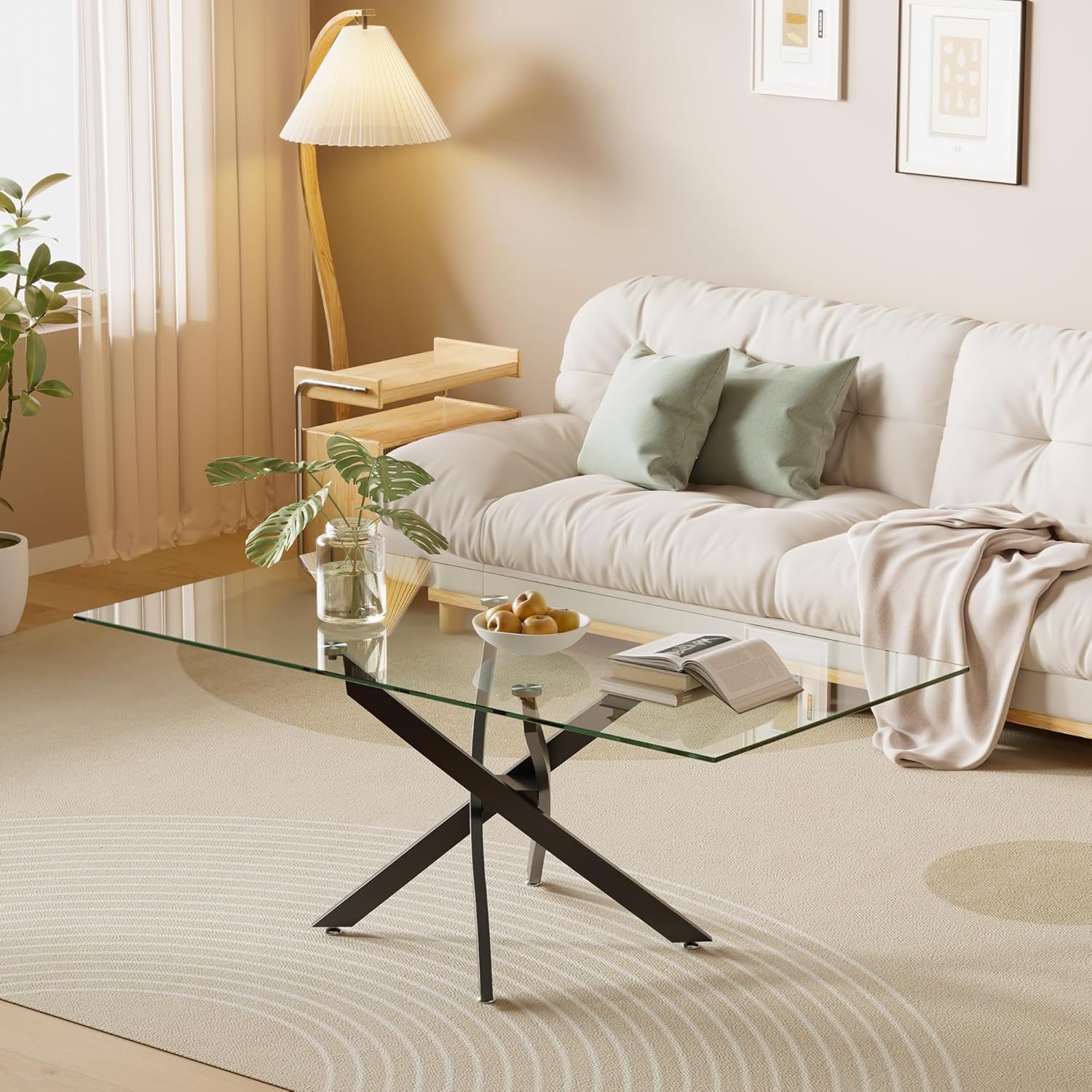 Tempered Glass Coffee Table with Metal Legs, Rectangle Modern Living Room Table for Home Office Living Room (Black, 47.3”x23.6”x18.1”)