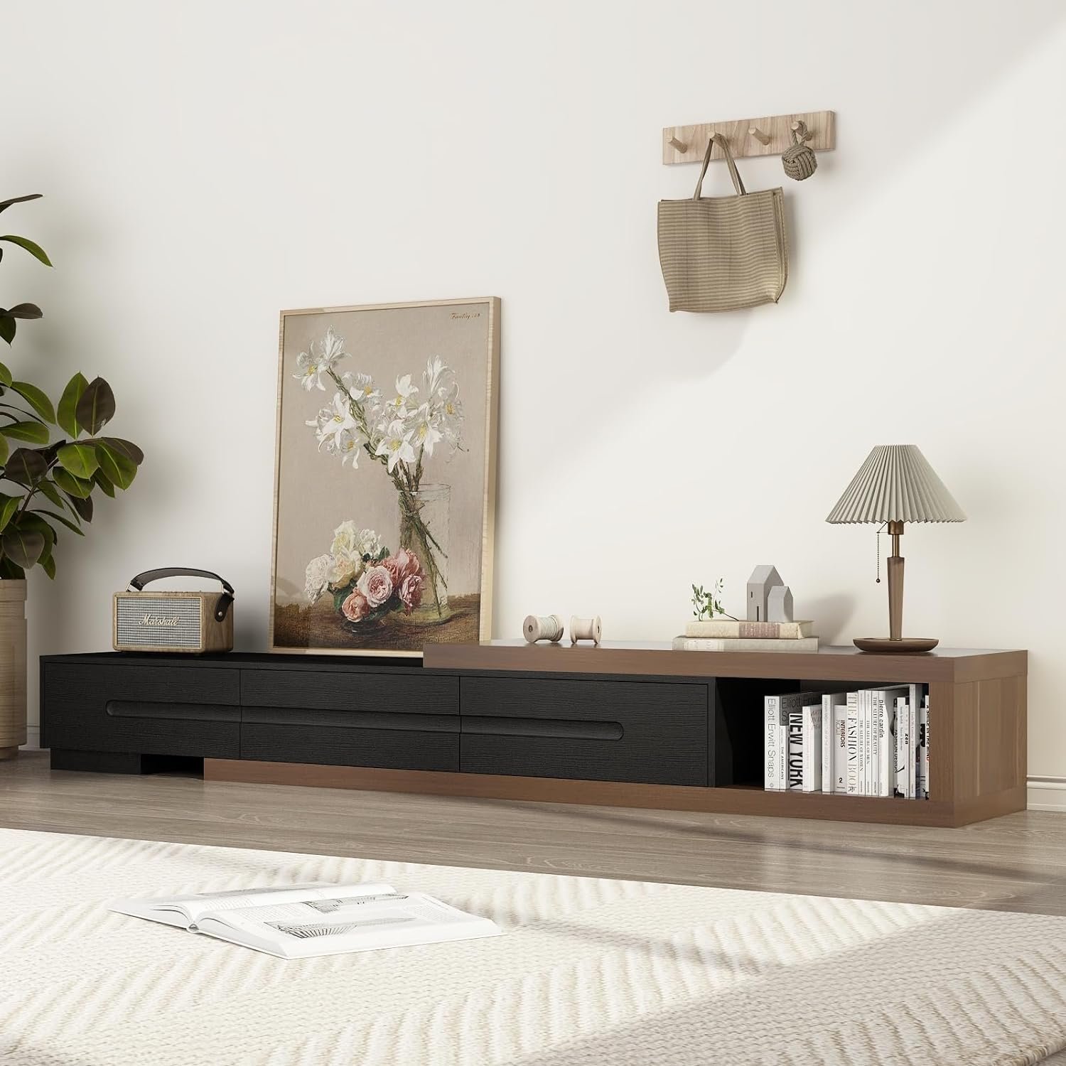 Extendable TV Stand, Modern Entertainment Center for Up to 120 Inch TV, Wood Reversible TV Media Console with 3 Drawers for Living Room Bedroom, 82-110''(Black& Walnut)