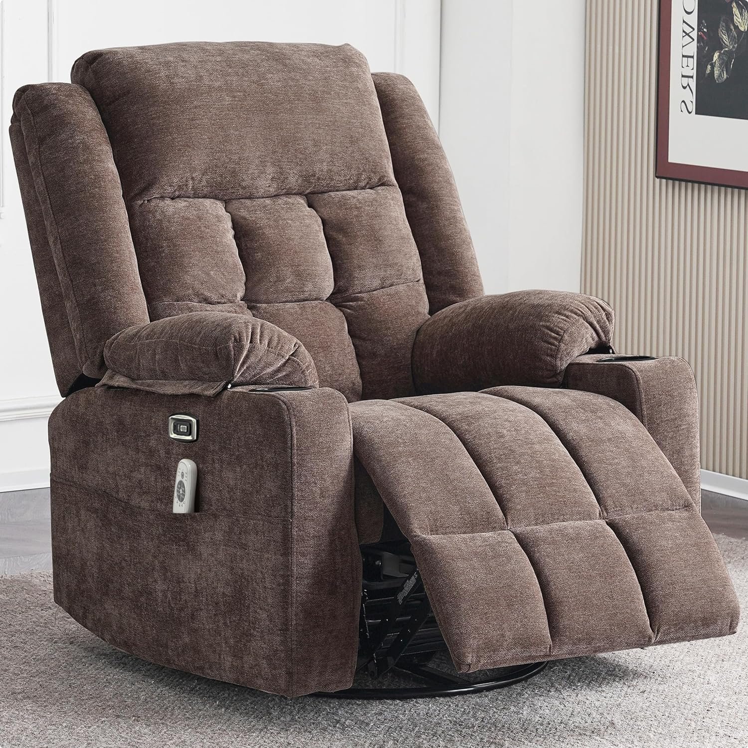 Power Swivel Rocker Recliner Massage Chair, USB and Type-C Ports, Electric Recliner Glider Reading Chairs Living Room, Upholstered Soft Fabric Reclining Sofa Chair (Fabric Coffee)
