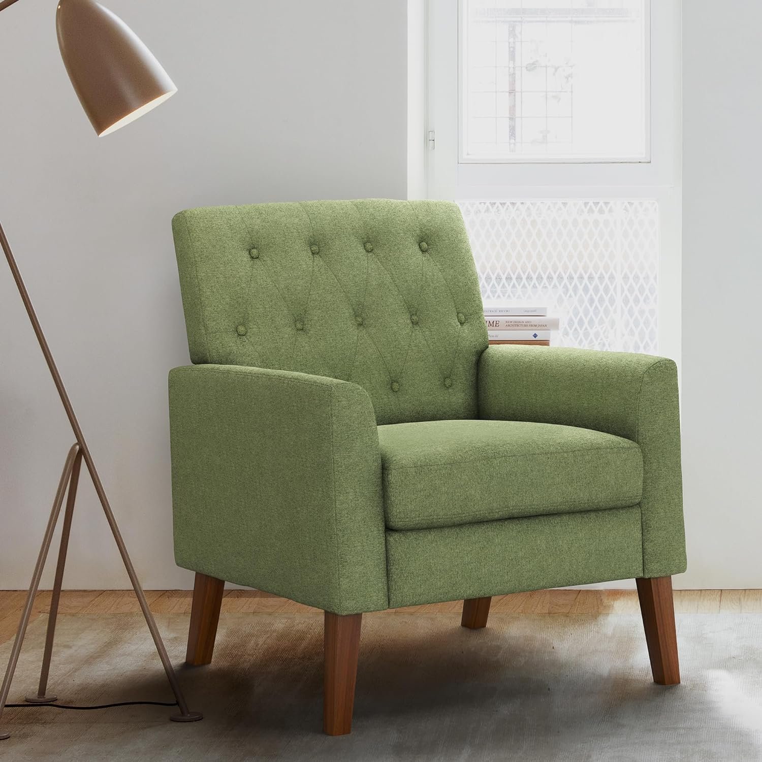 LUE BONA Linen Accent Chair 18.5" H, Upholstered Button Tufted Arm Chair, Comfy Living Room Chair with Arms, Modern Armchairs for Bedroom, Living Room, Avocado Green