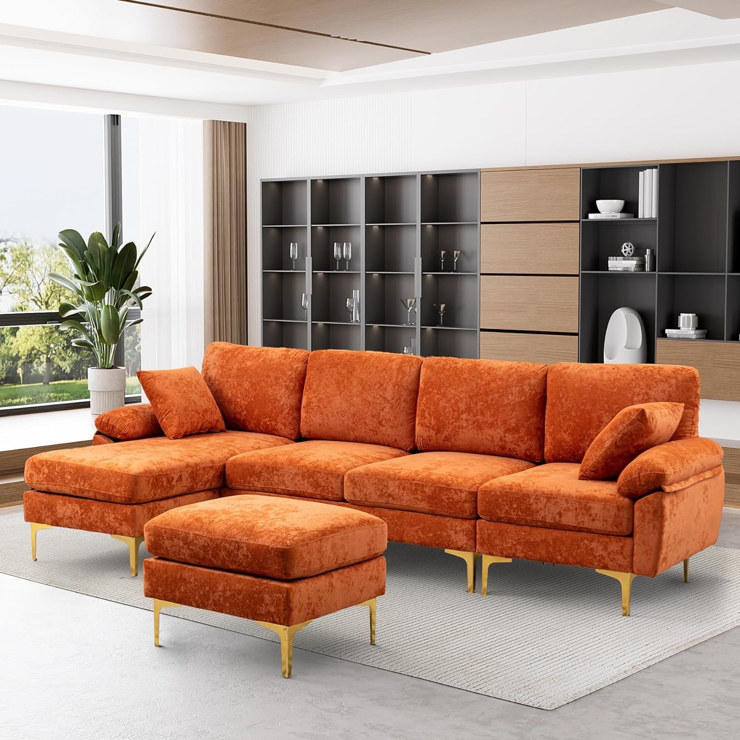 OUYESSIR U-Shaped Sectional Sofa Couch, 4 Seat Sofa Set for Living Room, Convertible L-Shaped Velvet Couch Set with Chaise Lounge, Ottoman and Pillows,114 inches (Orange)