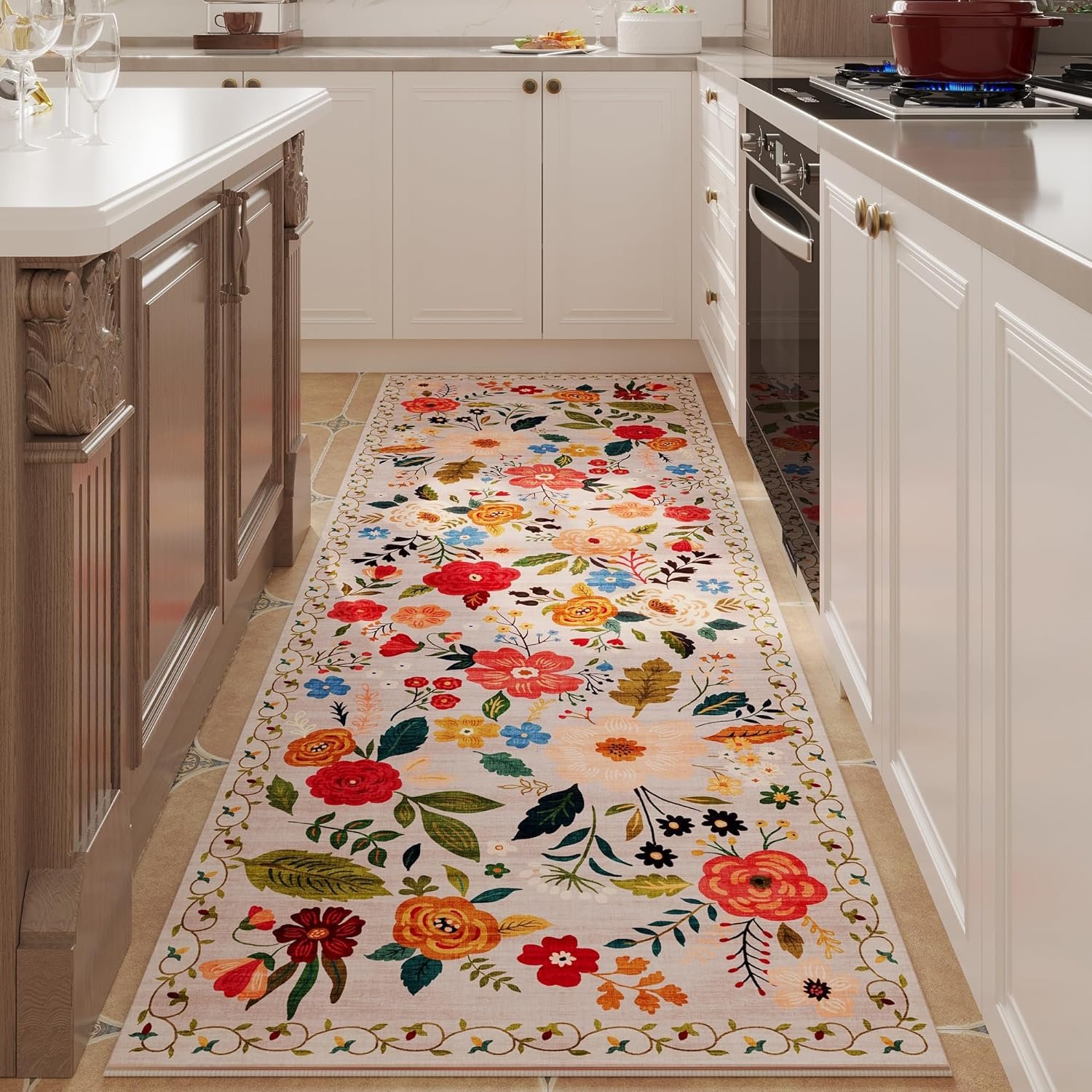 Runner Rug for Hallways Kitchen Runner Rug Non Slip 2'x 6' Washable Runner Rugs with Rubber Backing Soft Floral Carpet runner for Hallways, Kitchen, Laundry, Bedroom, Bathroom(Beige)