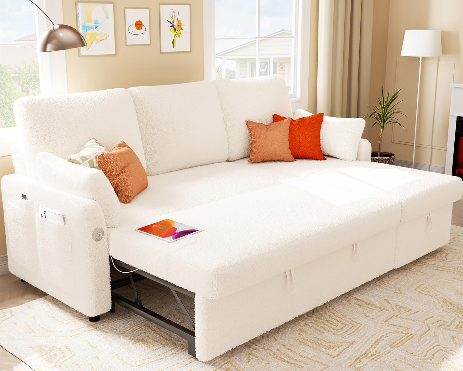 Ucloveria Sectional Sofa Couch, 84" Sleeper Sofa Bed with Reversible Storage Chaise Pull Out Couch Bed for Living Room L-Shape Lounge 2 in 1 Futon Sofa with USB Charge, White Boucle Couch