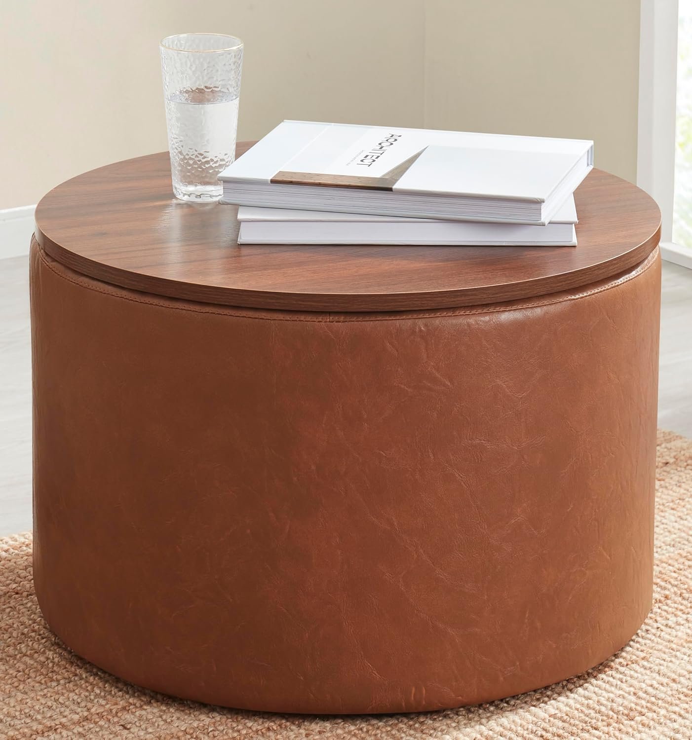 Ornavo Home 22 inch Large Round Ottoman Coffee Table Storage Ottoman with Wooden Lift Off Lid, Ottoman with Storage for Living Room, Bedroom and Office, Faux Leather Mocha