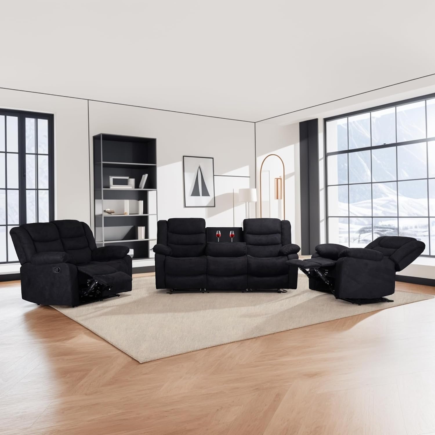 3 Pieces Oversized Manual Motion Set with Center Console,Cup Holders,Three Seaters Couch,Loveseat&Lounge Chair, Upholstered Reclining Sectional Sofa, Gray 3PIECES