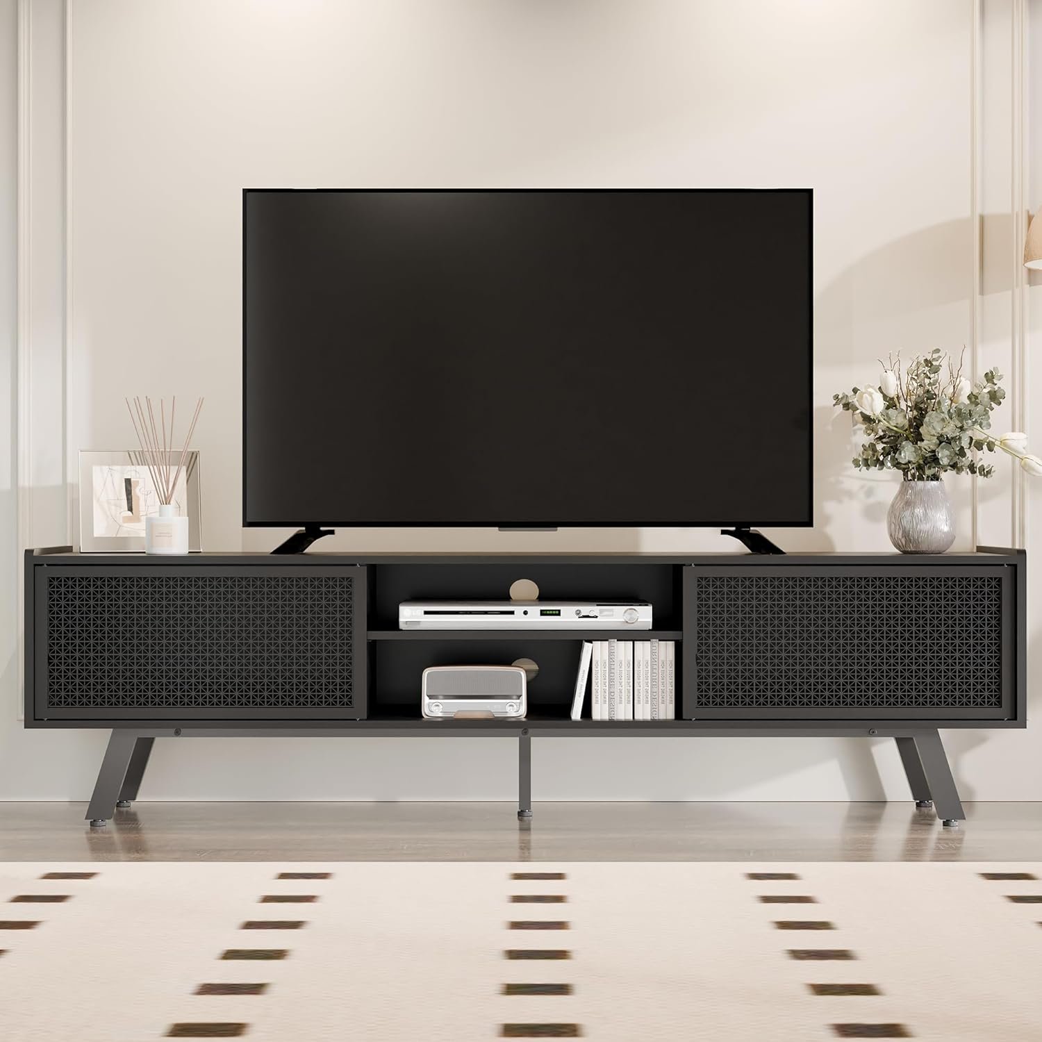 Black TV Stand for 65 70 Inch TV, Modern Iron Rattan TV Console with Sliding Door, Entertainment Center with Storage and Adjustable Shelves, Media Console for Living Room and Bedroom