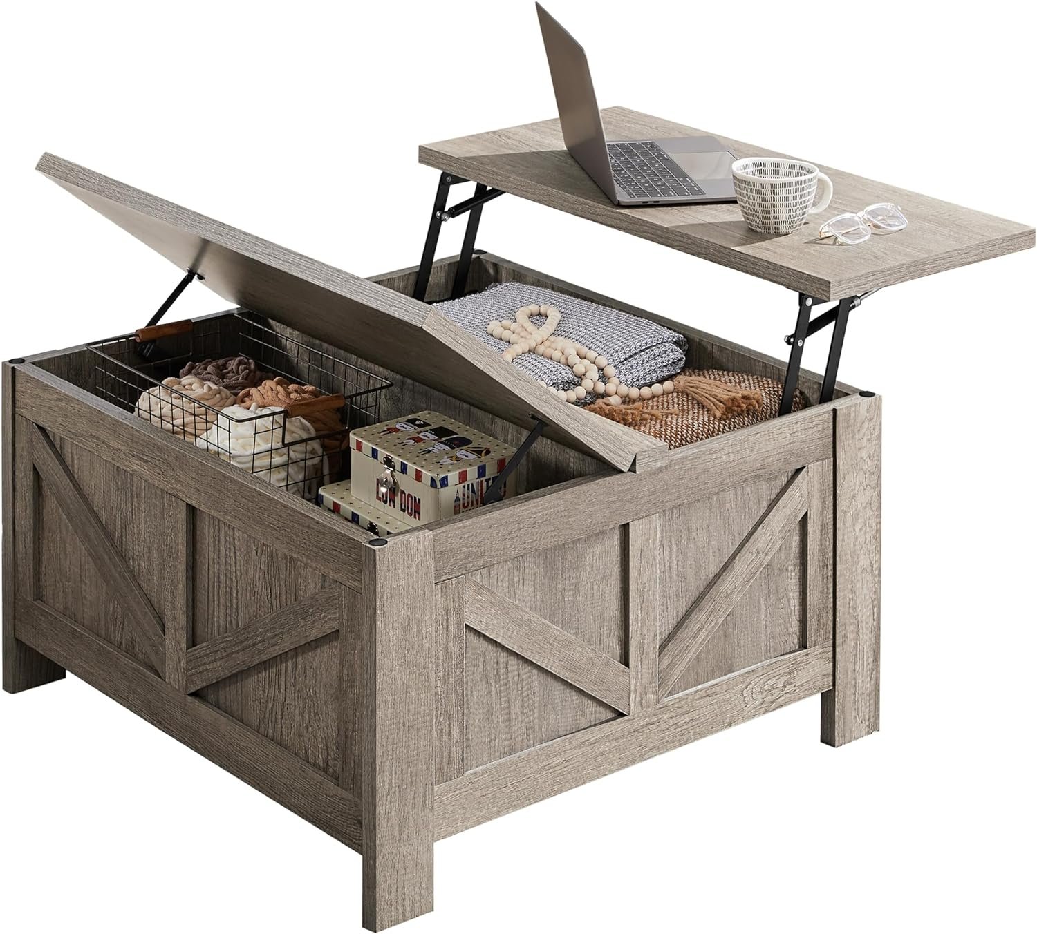 Yaheetech Lift Top Coffee Table, Square Farmhouse Coffee Table with Hidden Storage Compartment, Wood Center Table for Living Room, Home Office, Gray