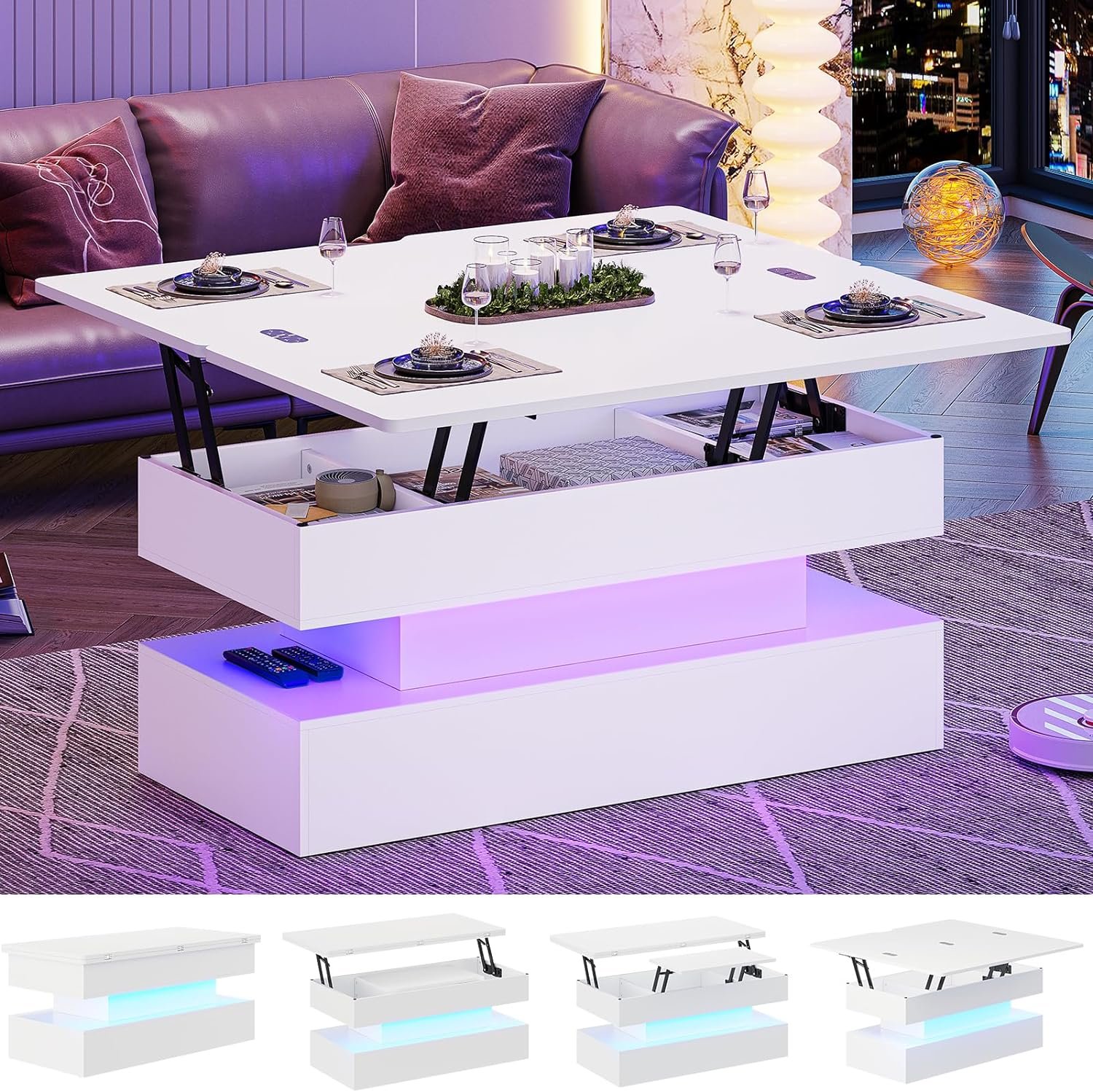 Itaar Lift Top Coffee Table, 4 in 1 Multi-Function Convertible Coffee Table with Storage & LED Light, Small Modern Coffee Tables with Hidden Compartment for Living Room, Dining Reception Room, White