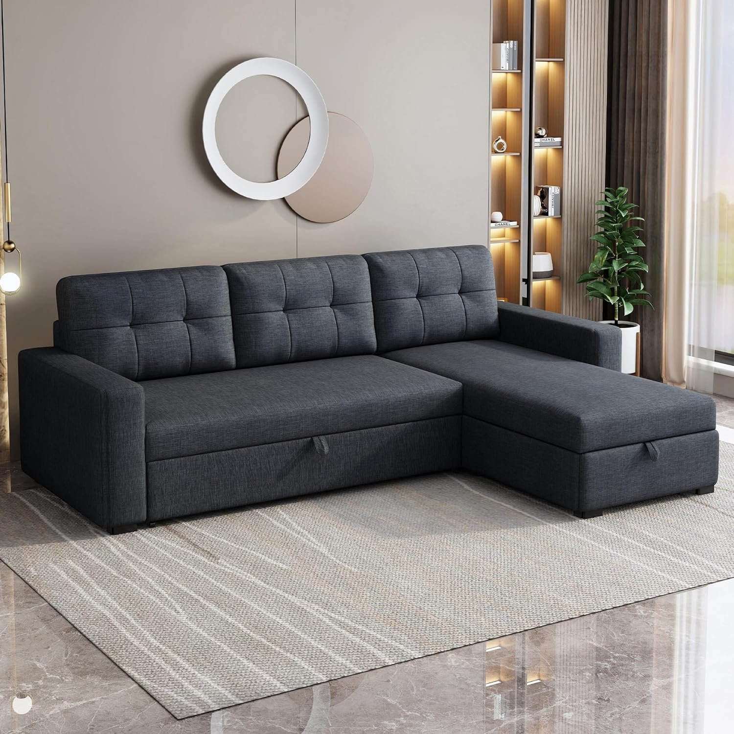 81.5" Sectional Sleeper Sofa with Storage Chaise, L Shaped Pull Out Couch Bed with 3 Removable Back Cushion for Living Room,Apartment,Office,Dark Grey
