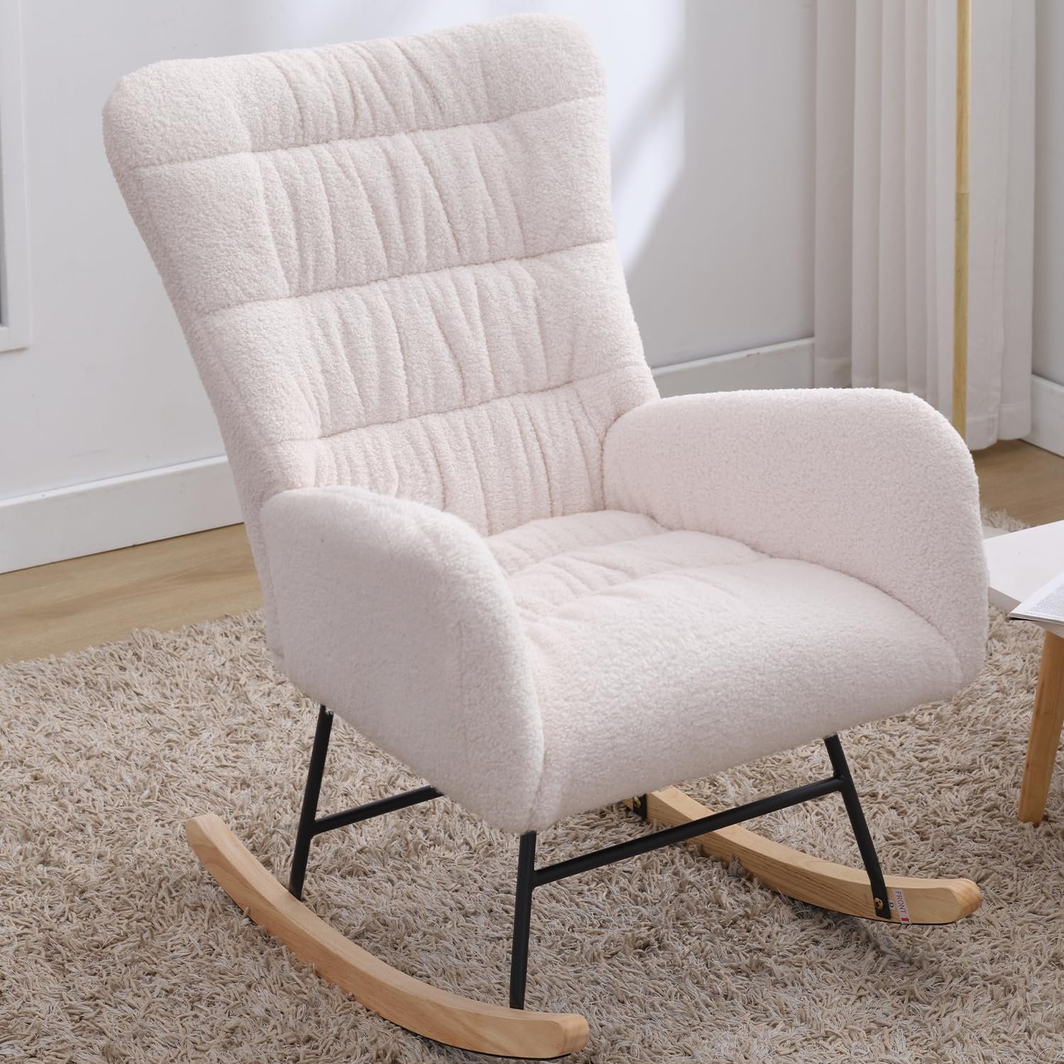 Nursery Rocking Chair, Teddy Upholstered Glider Rocker, Rocking Accent Chair with High Backrest, Comfy Rocking Accent Armchair for Living Room, Bedroom, Offices (White)