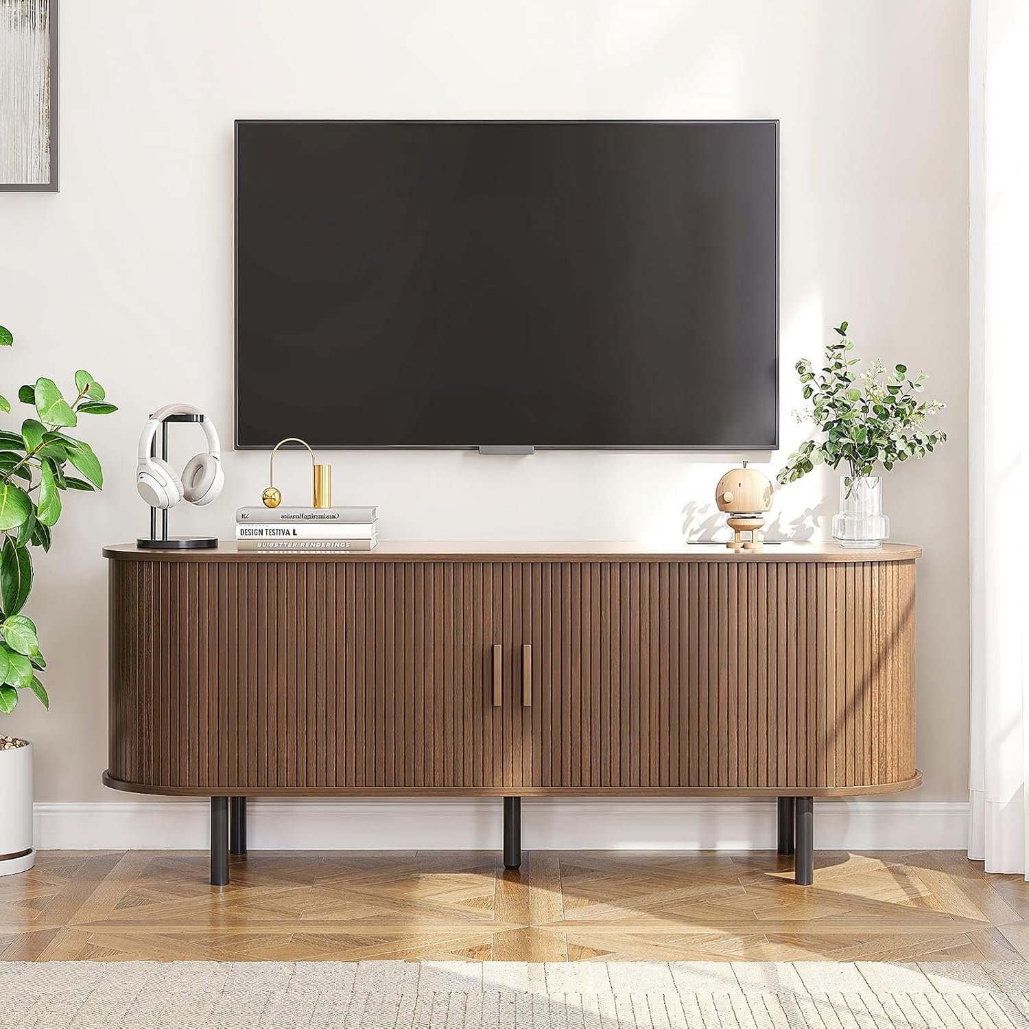 55" TV Stand with Power Outlet for TVs up to 60 Inch, Entertainment Center with Storage and Adjustable Shelves, Modern Media Console with Sliding Doors for Living Room, Bedroom, Walnut