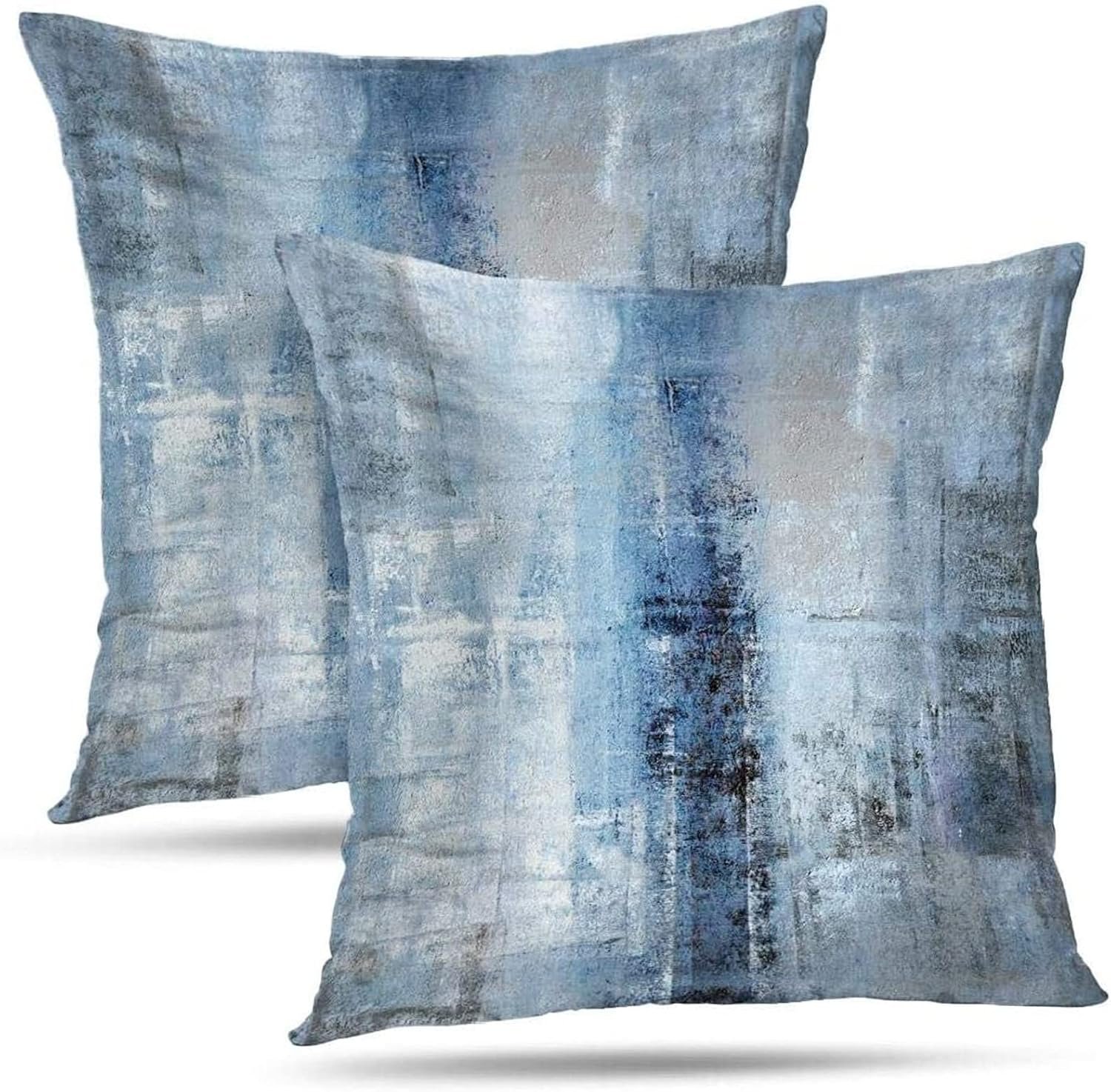 Blue and Grey Abstract Art Artwork Pillow Cover, Gallery Modern Decorative Throw Pillows Cushion Cover for Bedroom Sofa Living Room 18 x 18 Inch Set of 2