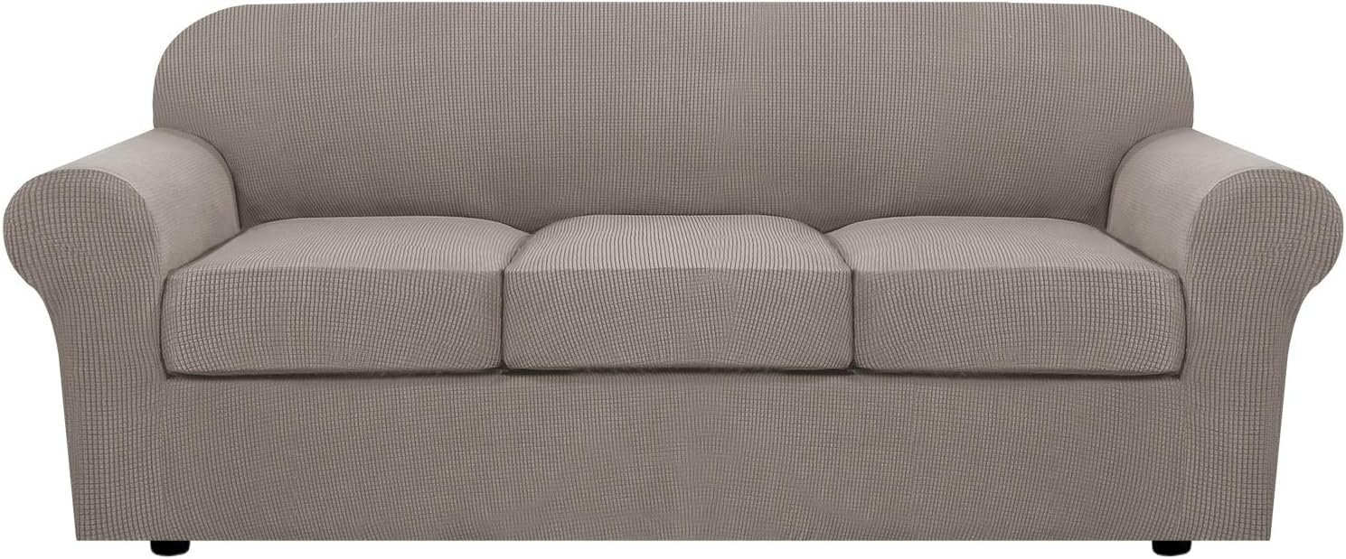 H.VERSAILTEX 4 Piece Stretch Sofa Covers for 3 Cushion Couch Covers for Living Room Furniture Slipcovers (Base Cover Plus 3 Seat Cushion Covers) Upgraded Thicker Jacquard Fabric (Sofa, Taupe)