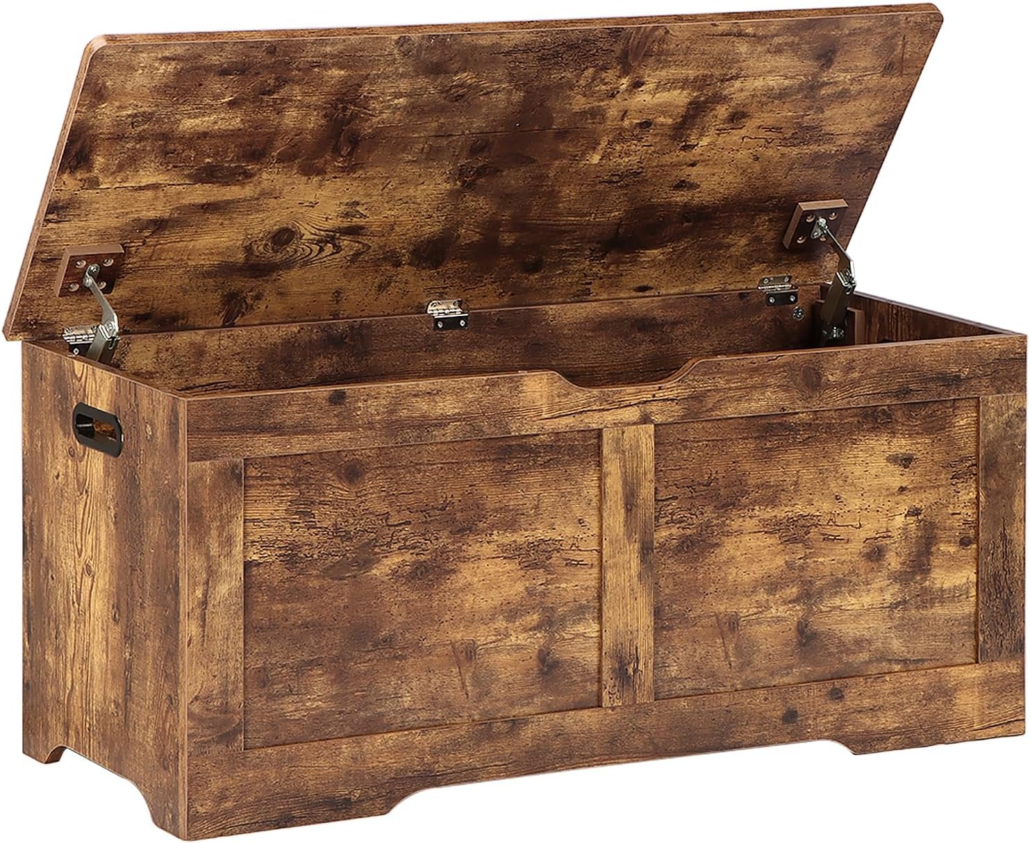39.4" Storage Chest, Wooden Storage Bench, Lift Top Toy Chest with 2 Safety Hinges, Large Toy Box, Entryway Bench for Living Room, Bedroom, Rustic Brown