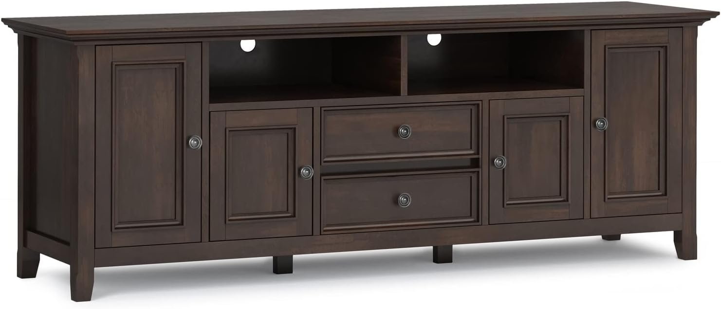 SIMPLIHOME Amherst 72-inch Wide Solid Wood TV Stand in Brunette Brown, Transitional-Style Media Console for Living Room with Cable Management and Adjustable Shelves, Fits 80" TVs