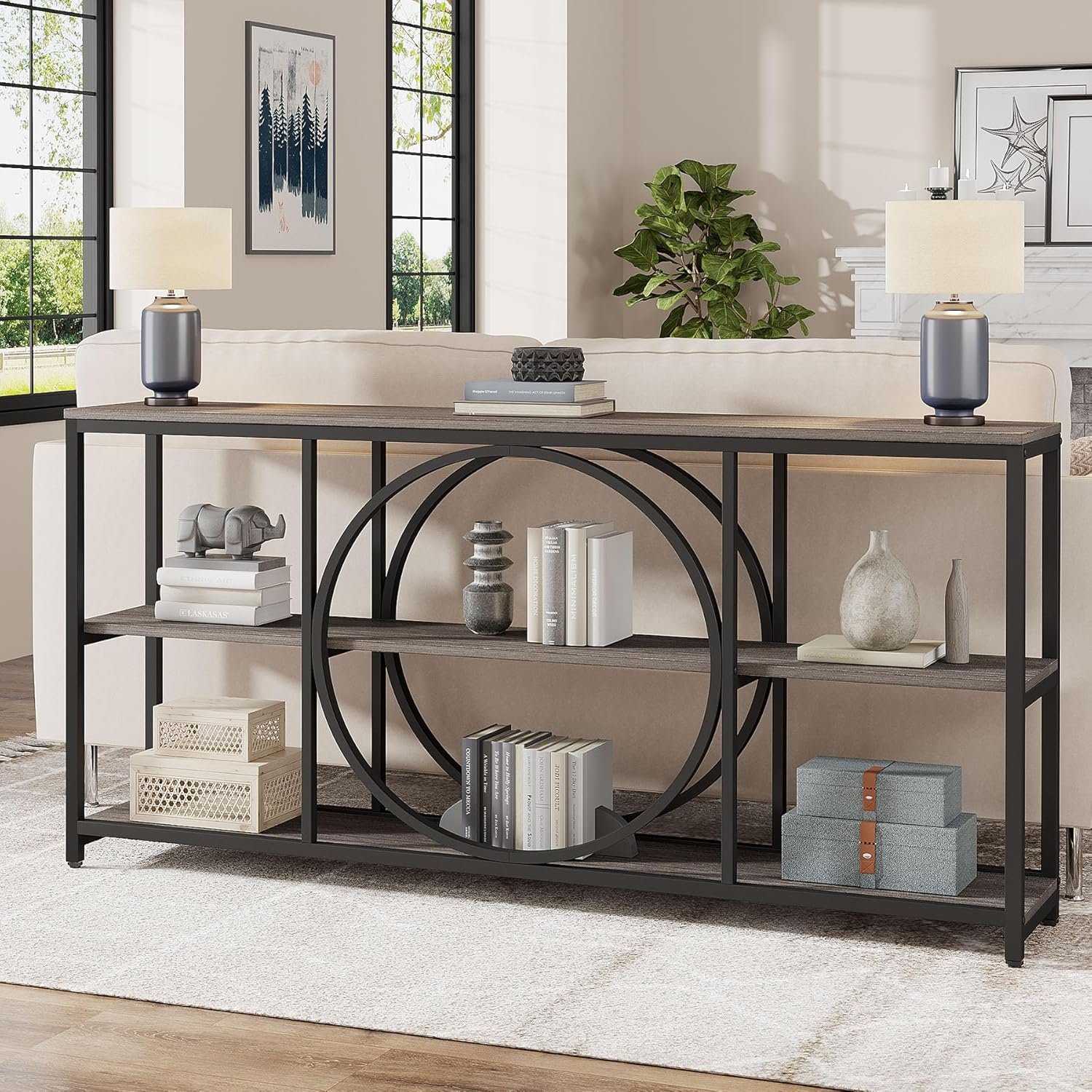 Tribesigns 70.9 inch Sofa Console Table, Extra Long Narrow Entryway Tables with 3 Tier Wood Storage Shelves Metal Frame for Foyer Hallway Living Room Behind Couch, Black Rustic Gray