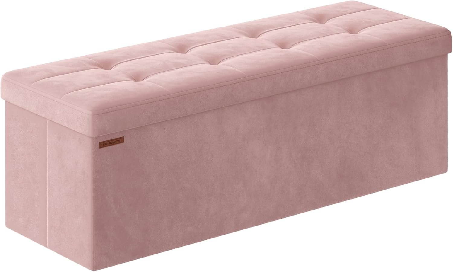 SONGMICS Mazie Collection - Storage Ottoman Bench, Foldable Foot Rest, 15 x 43 x 15 Inches, End of Bed Bench, Storage Chest, Load 660 lb, Living Room, Bedroom, Entryway, Jelly Pink ULSF277R01