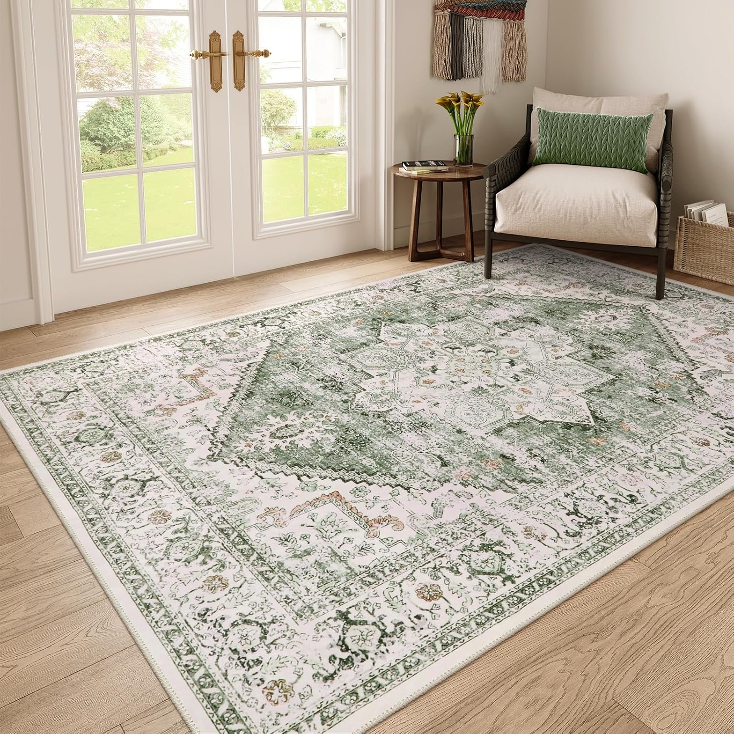 LIVEBOX 6x9 Sage Green Rug for Living Room- Large Oriental Rug for Bedroom, Non-Slip Retro Dining Room Rugs for Under Table, Low-Pile Soft Vintage Rugs for Office Guest Room
