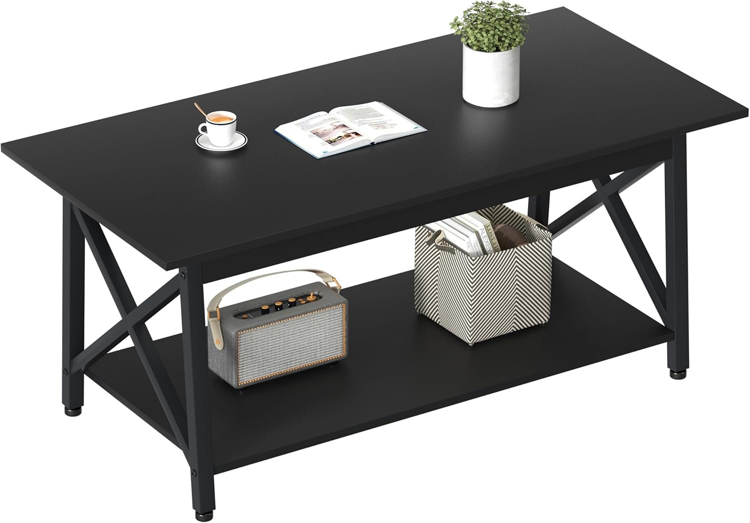 GreenForest Black Coffee Table with Storage Shelf 39 inch, 2 Tier Rectangular Center Table for Living Room,Modern Farmhouse Small Table for Home Office,Easy Assembly