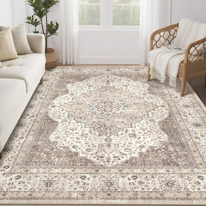 Washable Rug 6x9 Area Rugs for Living Room Bedroom Dining Room Home Office Floor Decor -Stain & Fade Resistant Non Slip Backing Carpet,Ultra-Thin Vintage Large Carpets (Brown/Beige,6'x9')