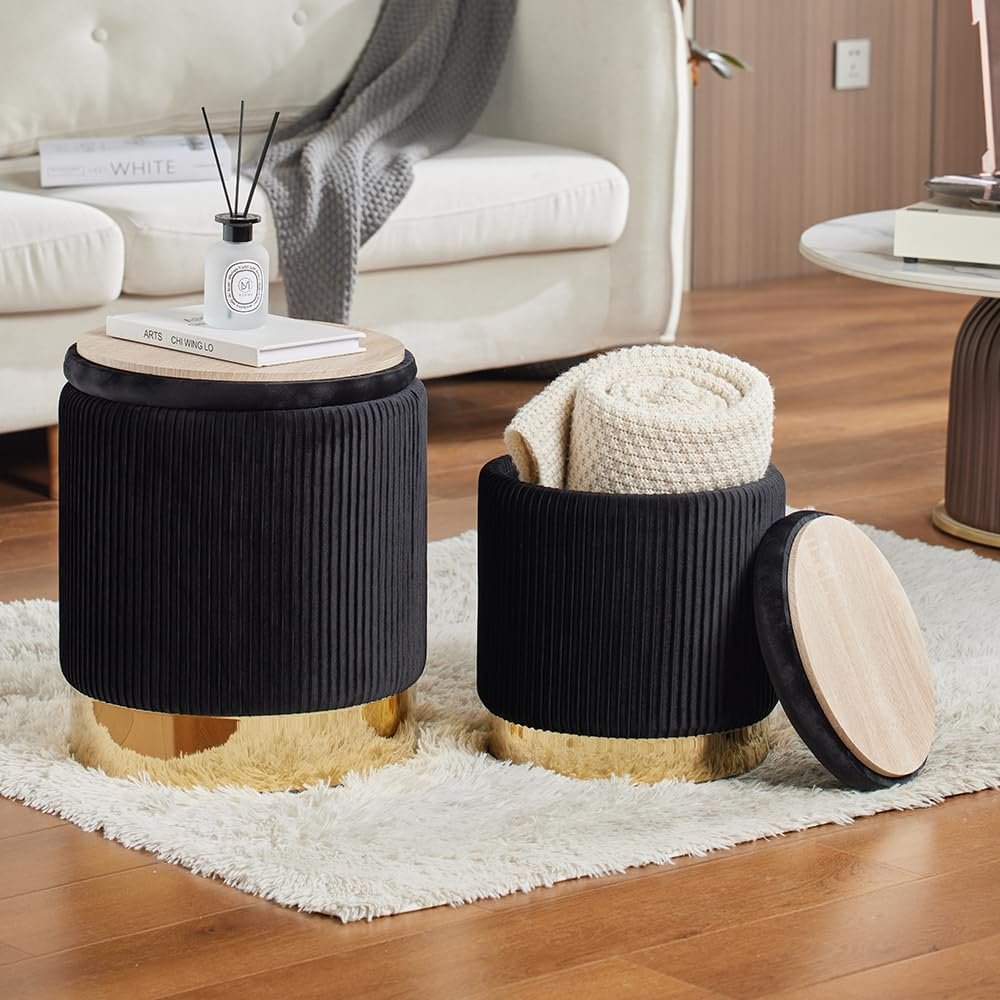 Round Ottoman with Storage Set of 2 Upholstered Velvet Vanity Stool for Living Room Storage Ottomans Multifunctional Foot Rest (Black with Bottom Gold)