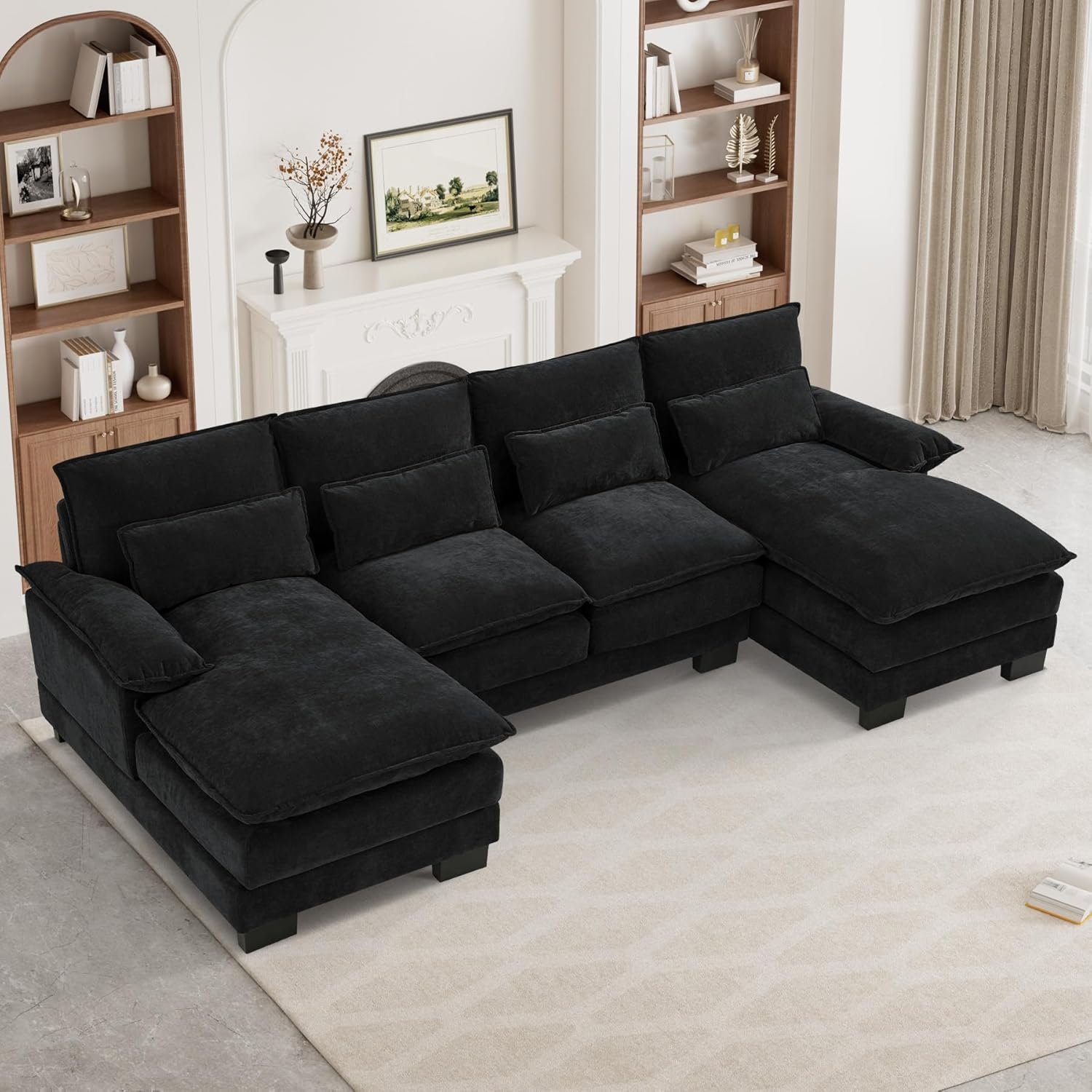 U Shape Cloud Couch Sectional Sofa for Living Room, 110" Modern Chenille Comfy Cloud Sofa, 4 Seat Upholstered Modular Sofa with Memory Foam & Double Chaise, Jet Black