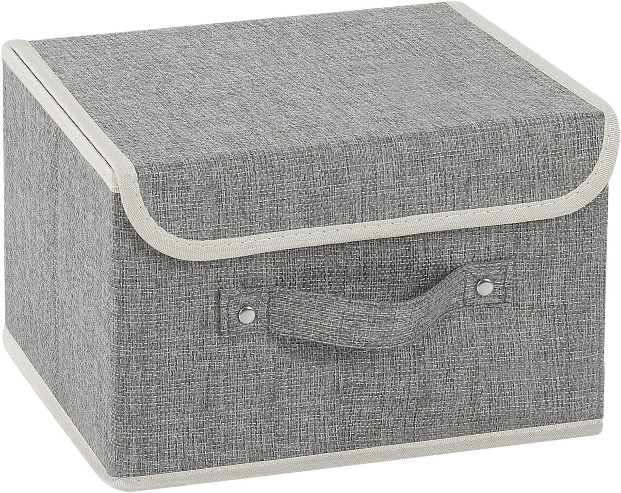 Storage Boxes, Collapsible Storage Bins with Lids, Cotton and linen cloth Storage Baskets with Handle, for Books, Closet, Bedroom, Home, 10.2x7.9x6.7 in, Grey