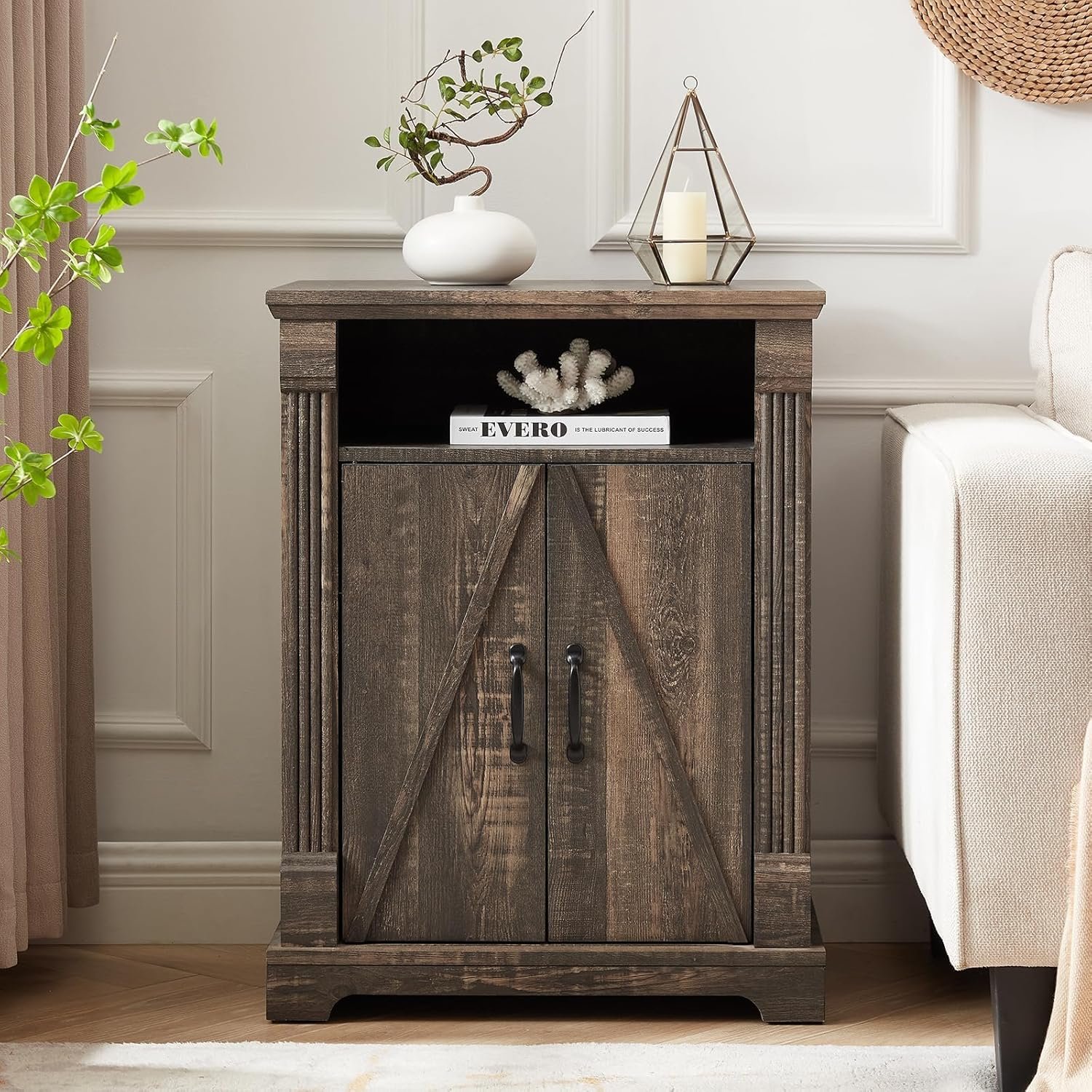 24" Farmhouse Storage Cabinet with Barn Doors, Dark Rustic Oak Freestanding Sideboard Buffet with Adjustable Shelf, Pantry Hutch Coffee Bar for Kitchen Bathroom Living Room - Small Floor Cabinet