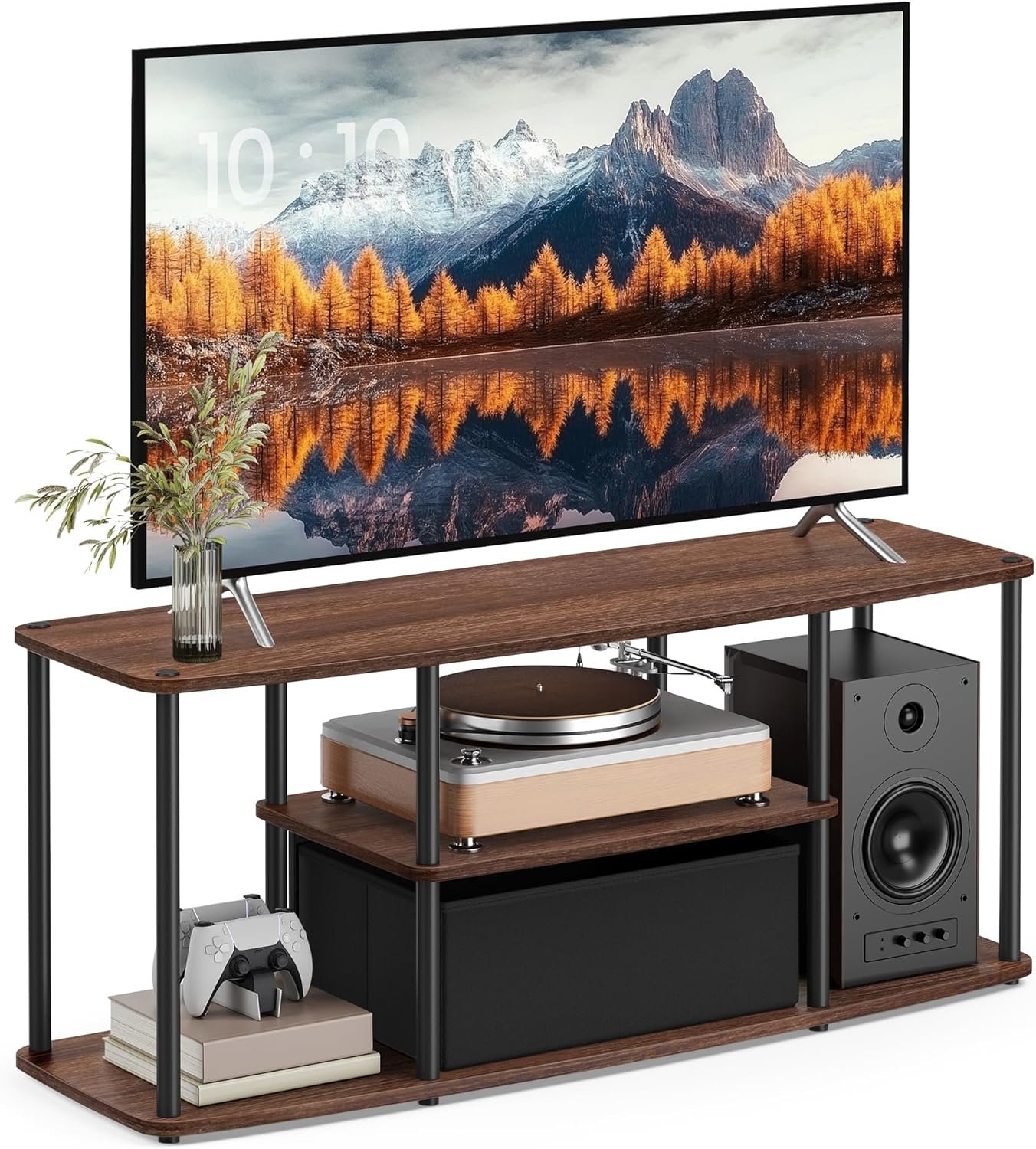 SONGMICS HOME Superfast Toolless Assembly, TV Stand for TVs up to 50 Inches, TV Cabinet Unit, Media Center Table, Living Room, 43 x 14 x 18 Inches, Shelves, Natural Walnut and Ink Black ULTV500K01