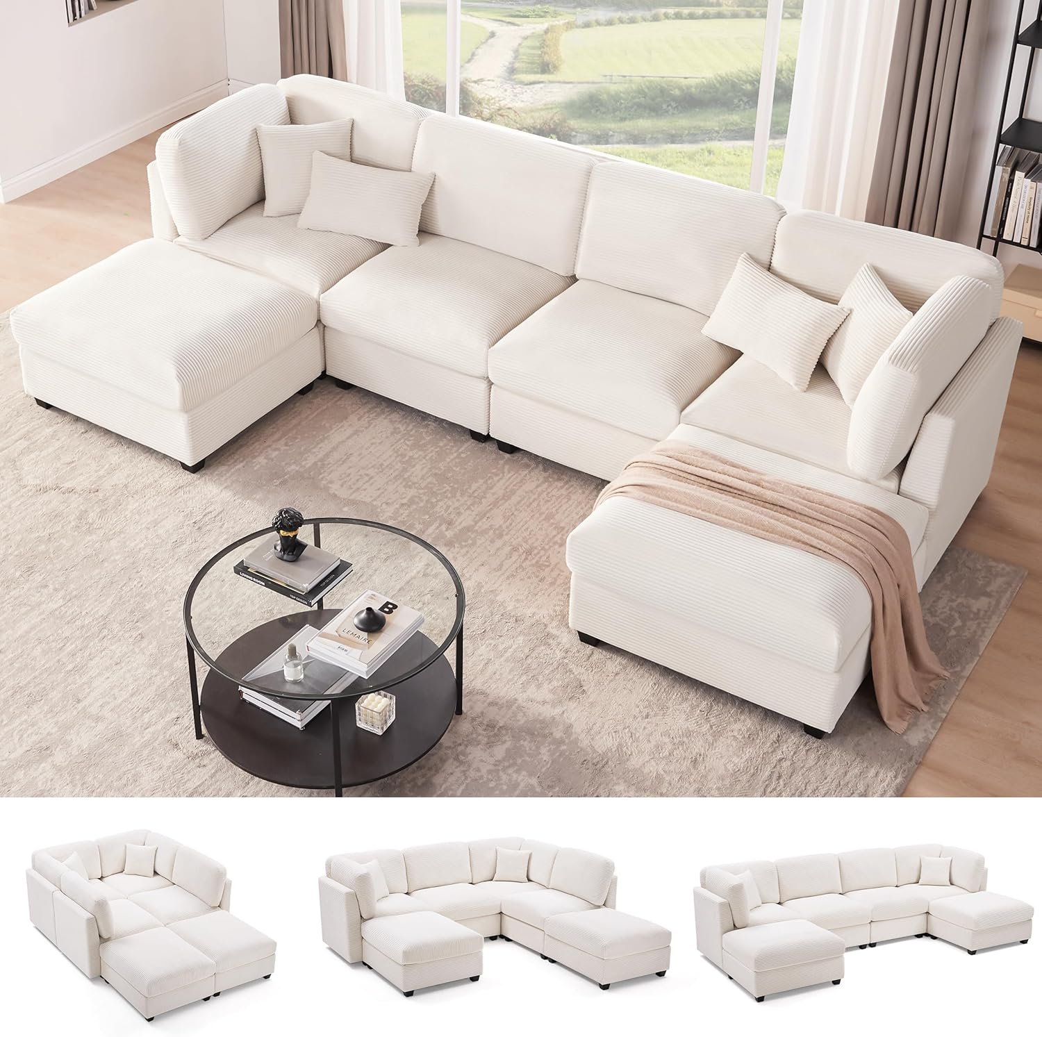 125 Inch Oversized Corduroy Modular Sectional Sofa, U Shaped Modular Couch with Storage, 6 Seat Convertible Corduroy Couch, Comfy Sectional Couches for Living Room with Memory Foam, Beige