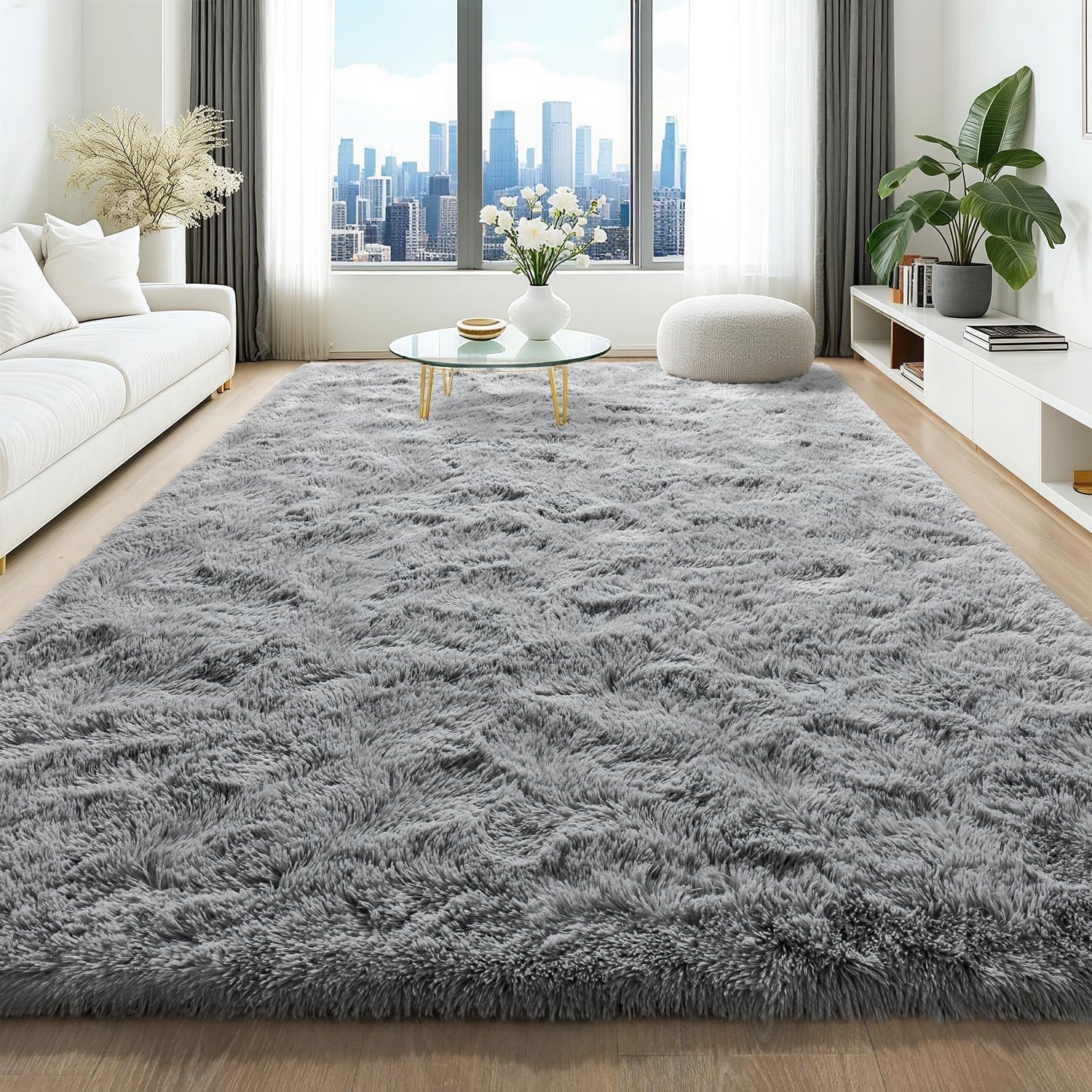 HQAYW 4x6 Fluffy Grey Rugs for Living Room Bedroom, Ultra Soft Plush Shaggy Area Rug,Non-Slip and Machine Washable Bedside Carpet for Kids Girls and Boys, Dorms, Nursery Rooms, Home Decor