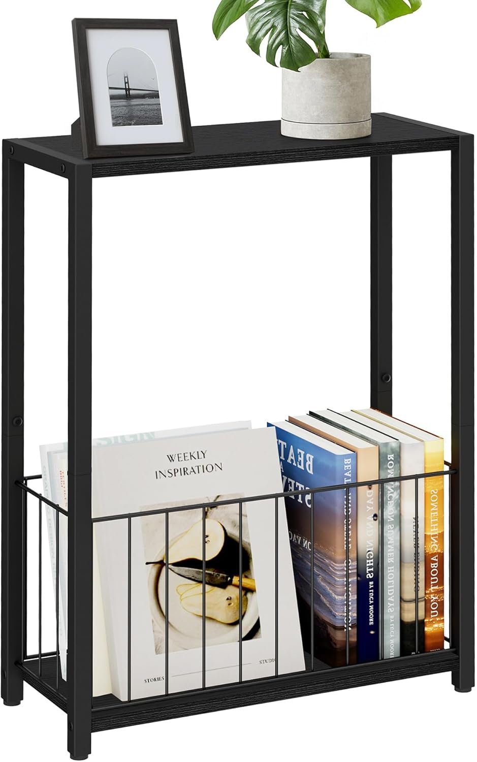 Narrow Side Table with Magazine Holder, Skinny End Table Perfect for Small Spaces, Space-Saving Design for Living Room, Bedroom, or Office, 7.1" D x 16.9" W x 23.6" H, Black