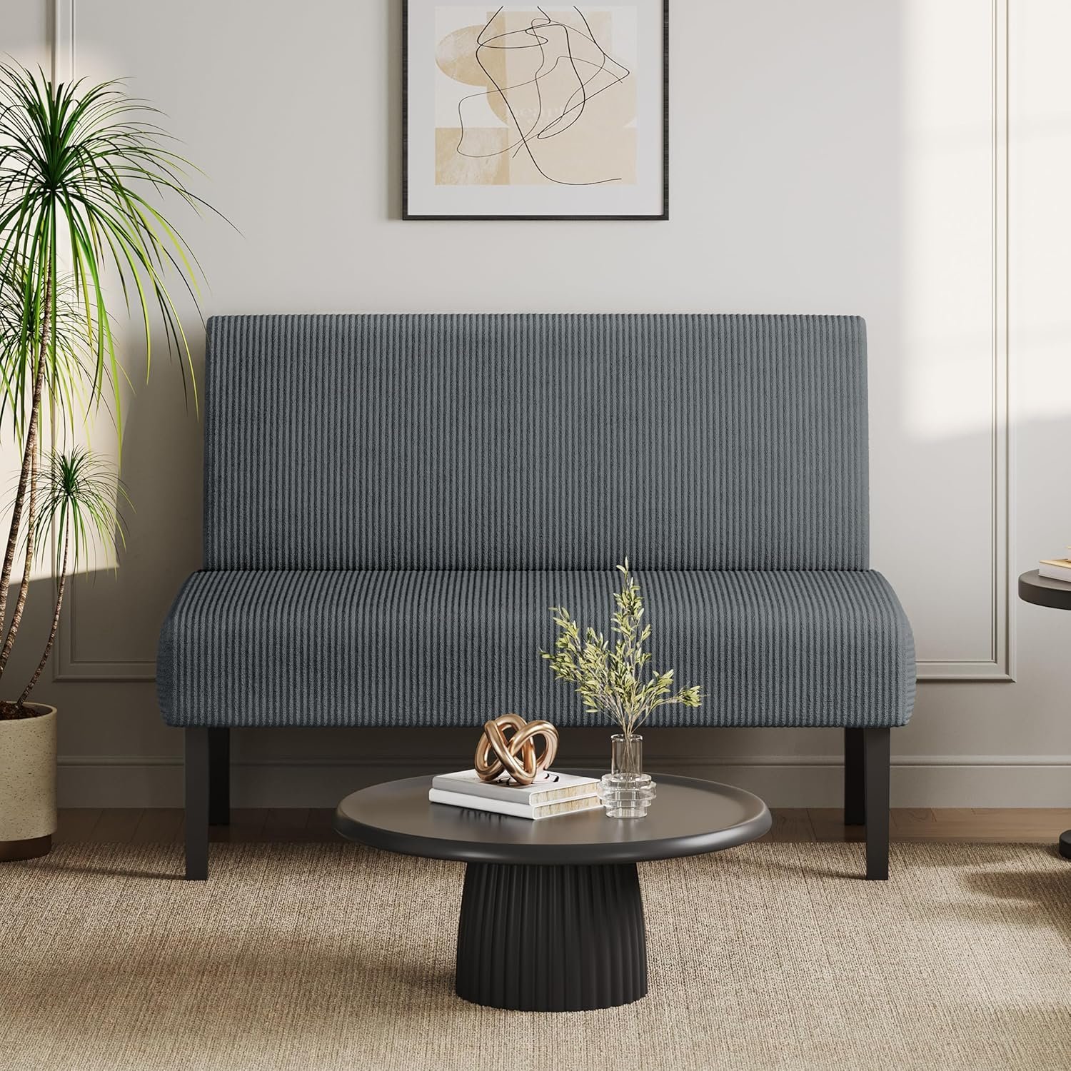 Yaheetech Small Comfy Sofa Mini Loveseat Couch 2-Seater Armless Sofa Chair, Corduroy Fabric & Easy Assembly, for Small Spaces Living Room,Bedroom,Dorm,Office, Dark Grey