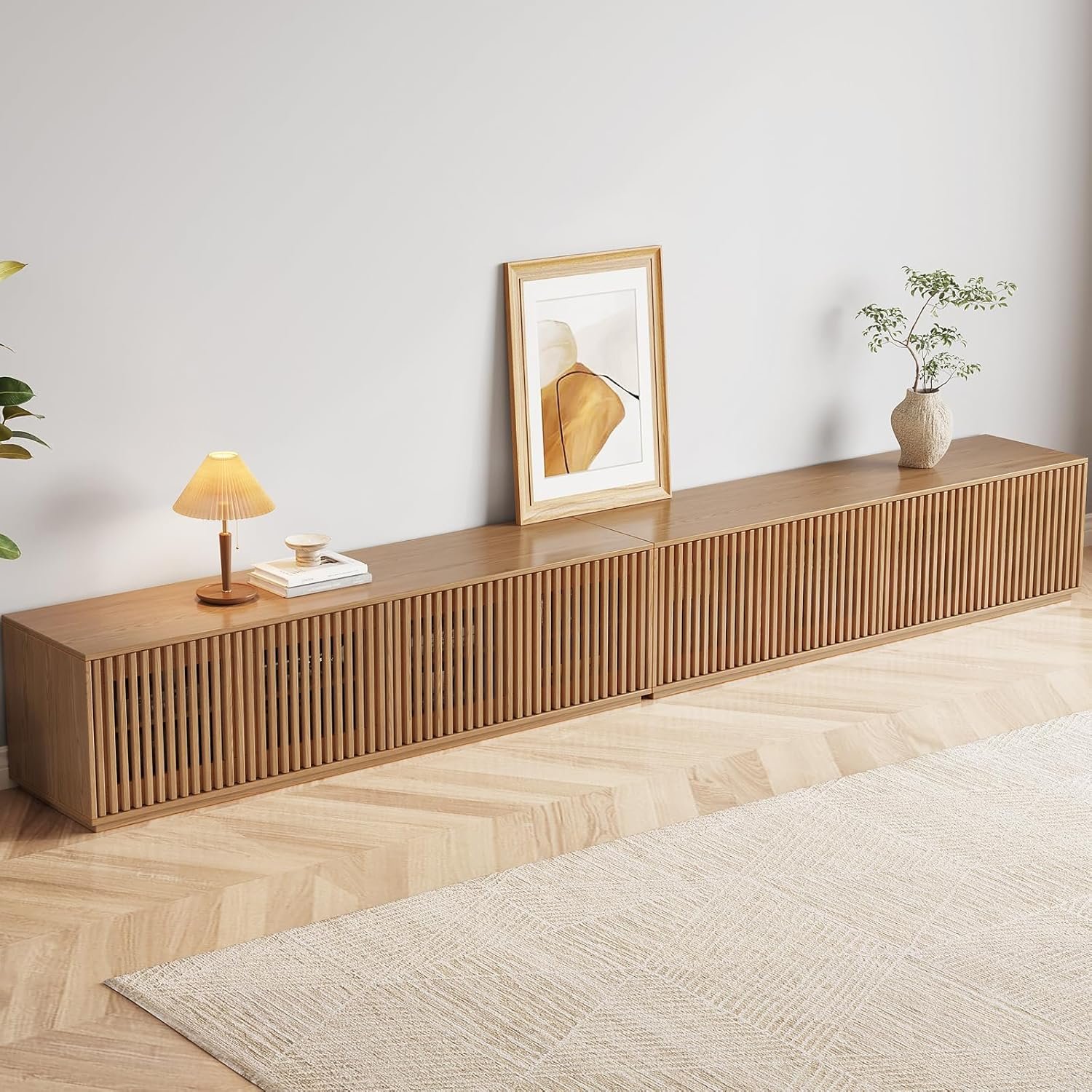 Guyii 125inch Wood Color TV Stand for 65-75Inch TV Farmhouse Enterment Center TV Console with Storage CabinetsMid-Century Media Console for Living Room Bedroom