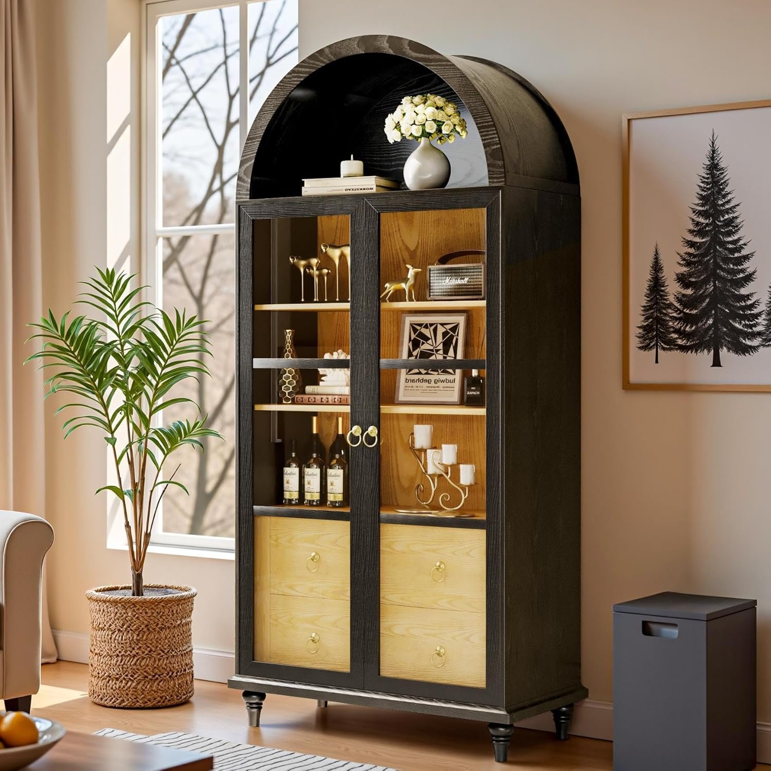 Furmax 71" Arched Cabinet, Pantry Kitchen Storage Cabinets, Bookshelf with Doors and Drawer, Wood Storage Cabinet for Dining Room, Living Room, Black