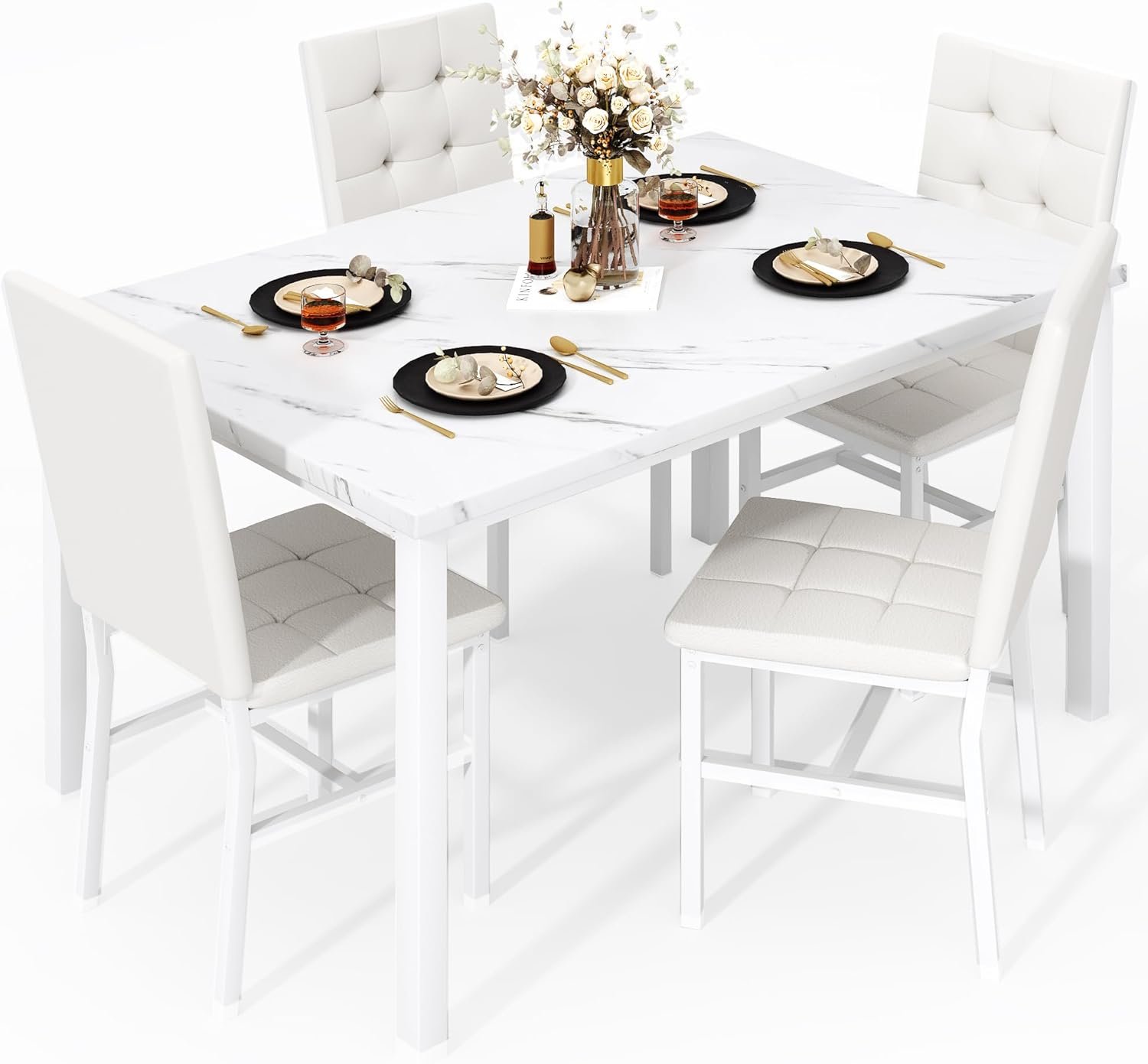 AWQM Dining Table Set for 4,Faux Marble Kitchen Table and Chairs Set of 4, Modern Dining Room Table Set for 4,Dinner Table with 4 Leather Chairs, Dinette Set for Small Spaces,White