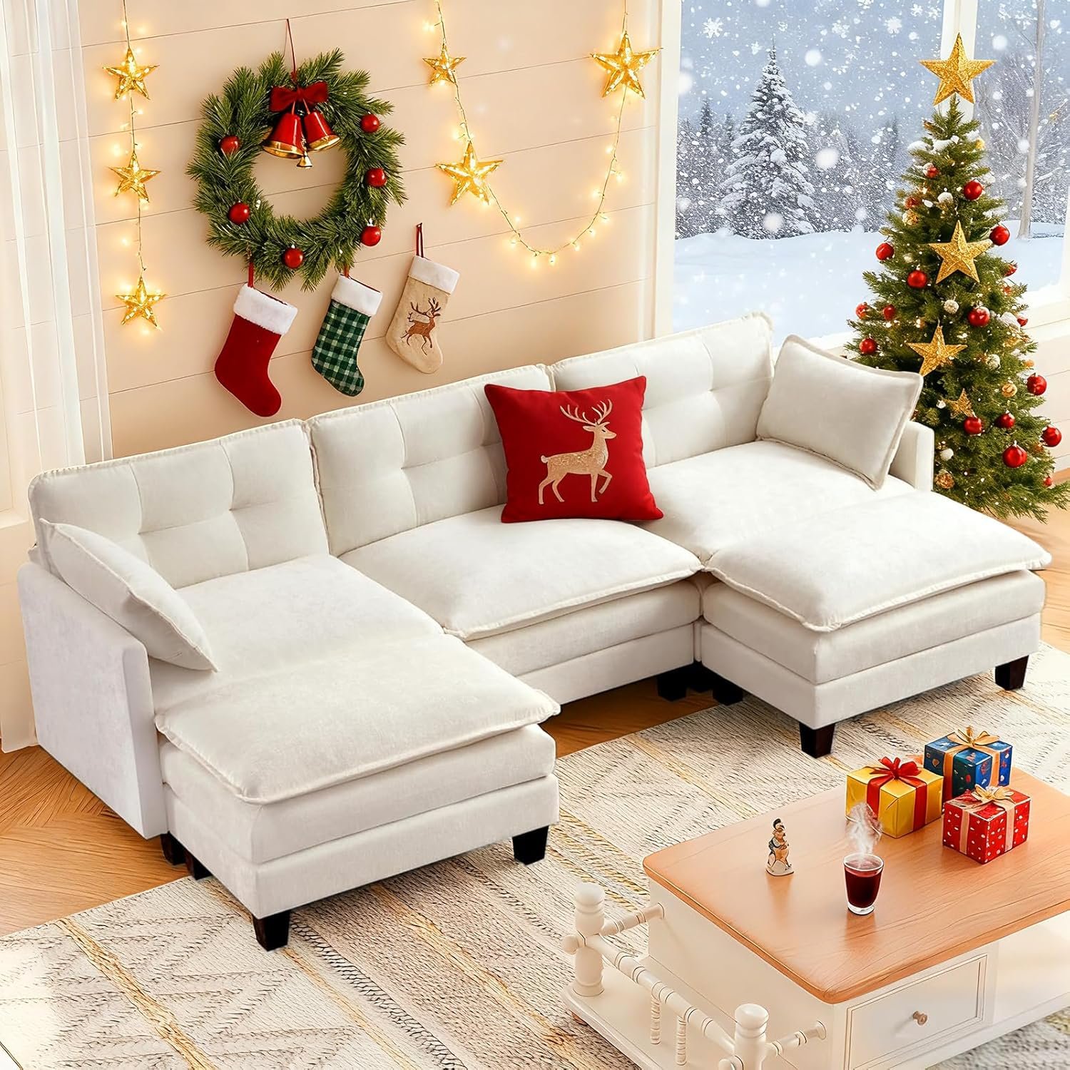 Modular Sectional Sofa, 111.5" U-Shaped Chenille Comfy Sectional Couches for Living Room, 3-Seater Cloud Couches with 2 Movable Ottomans, Flexible Combination Modern Deep Seat Sofa (Beige)