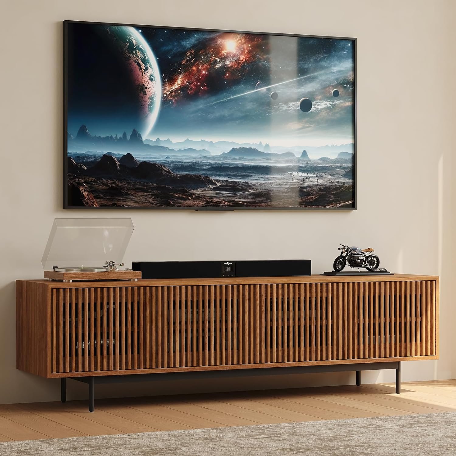 POVISON Mid-Century Modern TV Stand with Slatted Doors, Fully Assembled 78.74" Wood Media Console, TV Console with Tall-cast Metal Legs, Entertainment Center with Storage for Living Room