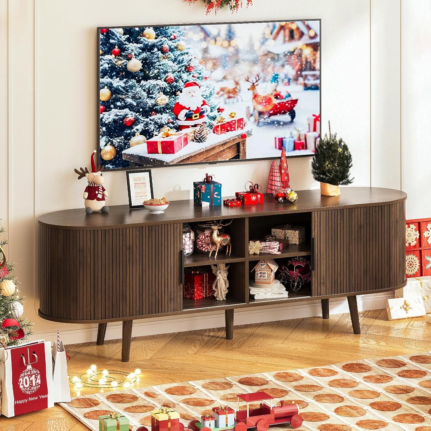 Fluted TV Stand Mid Century 59" TV and Media Console Table with Storage Shelf Sliding Door Modern Entertainment Center for Living Room, Bedroom fit 32"- 65" TVs (Rustic Brown, 59")