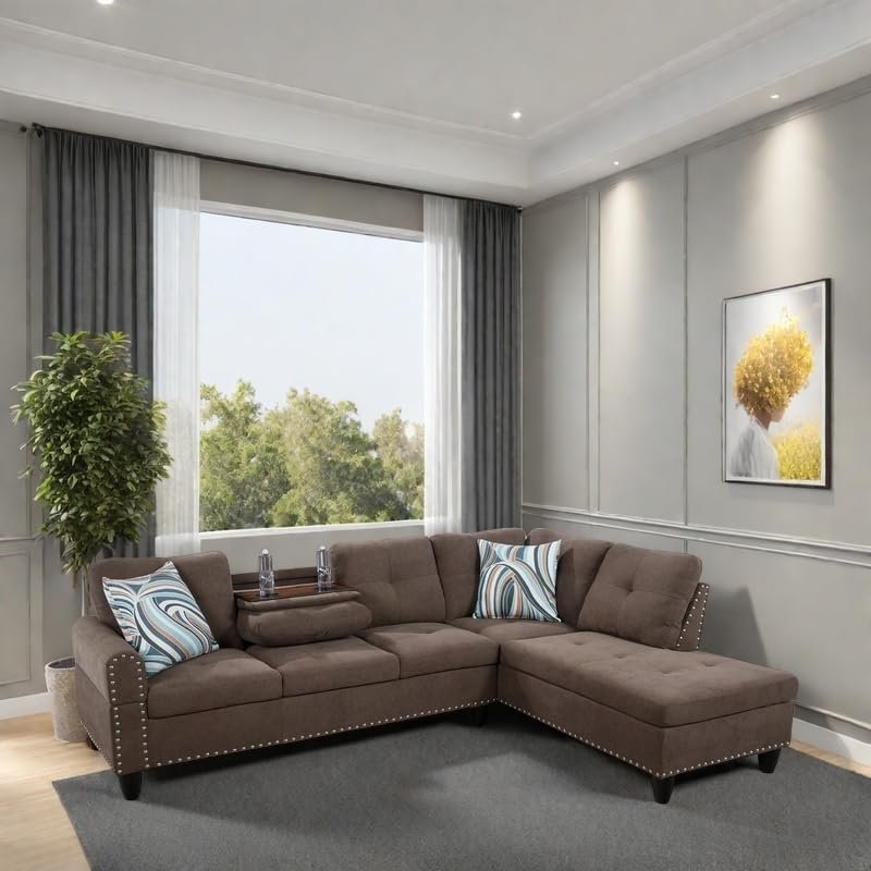 FONTOI Leather Sectional Couch Sofa, 4-Seat L-Shaped Sectional Sofa with Cup Holders & Nail-Head Trim – Modern PU Leather Living Room Couch for Apartment, Bedroom, Brown B