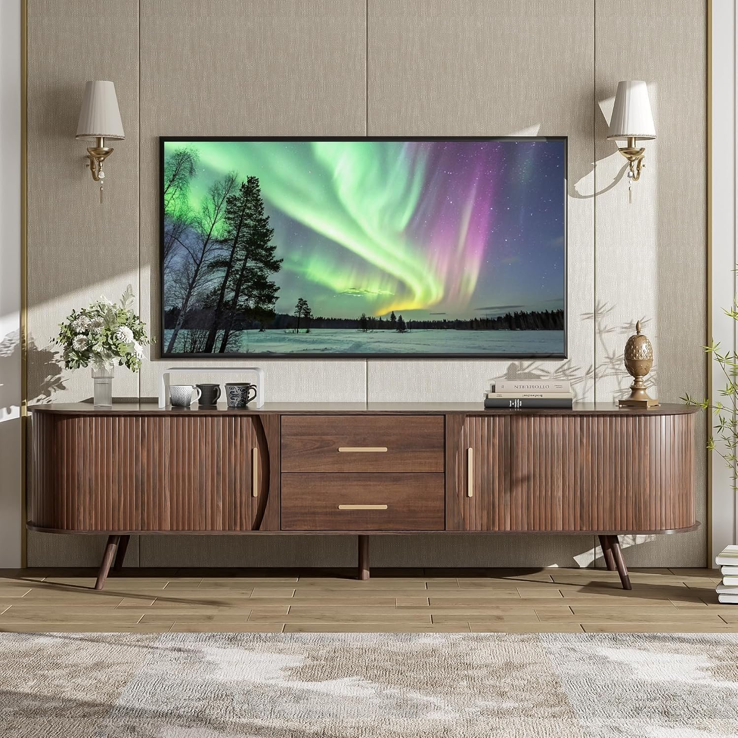Merax 70" Fluted TV Stand for TVs Up to 80", Mid Century Entertainment Center with Sliding Tambour Doors and Drawers, Modern Curved Media Console with Storage for Living Room, Walnut