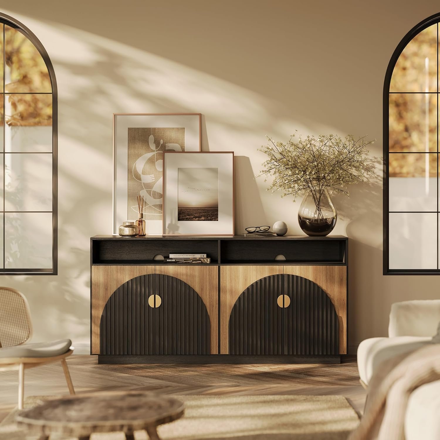 BELLEZE 65 Inch Fluted TV Stand, Mid Century Modern Entertainment Center with Storage Cabinets & Open Shelves, Media Console TV Cabinet with Adjustable Shelves for Living Room, Camel