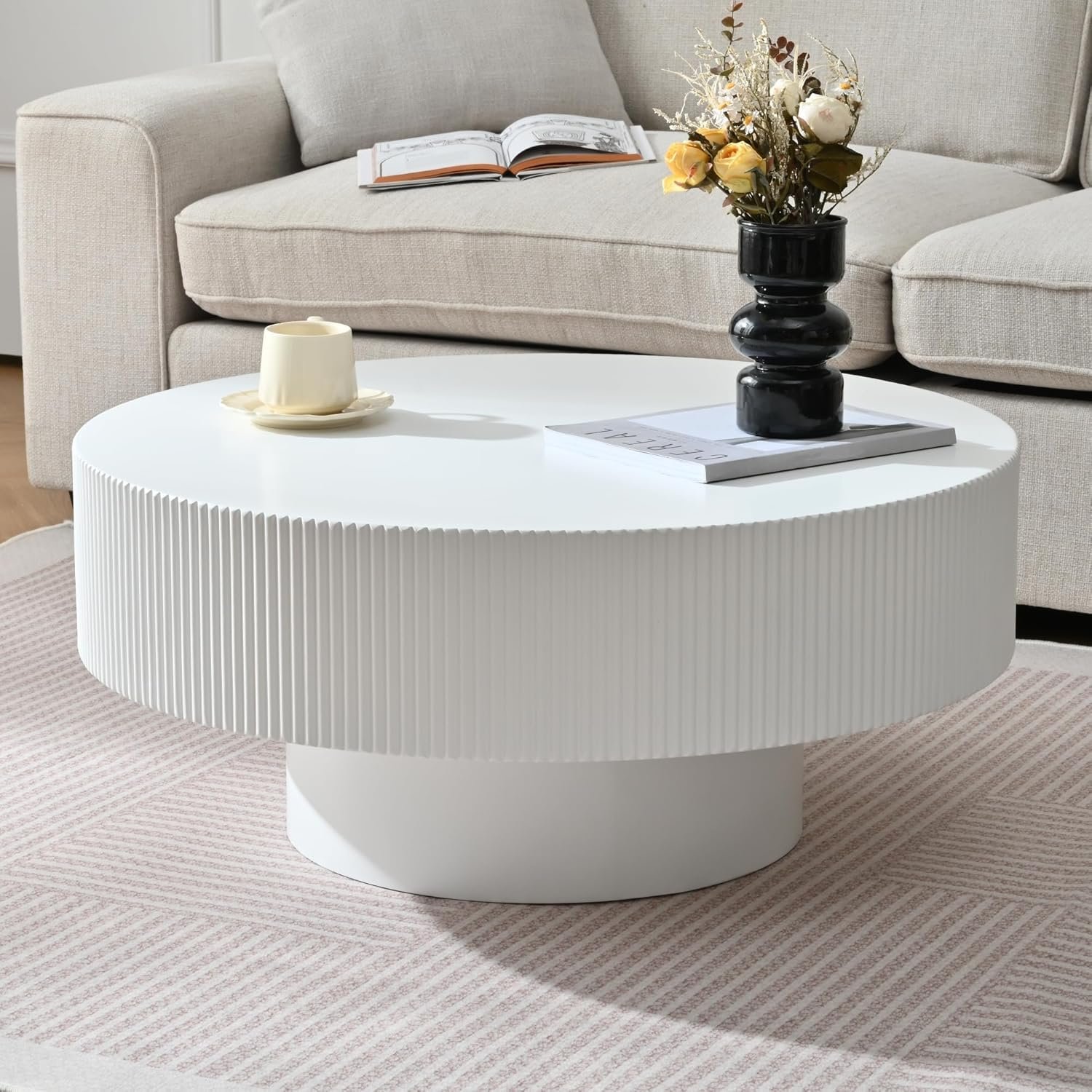 Merax Modern Round Coffee Table with Sturdy Base, Wood Sofa Center Tables for Living Room, Reception Room, Easy Assemble, White