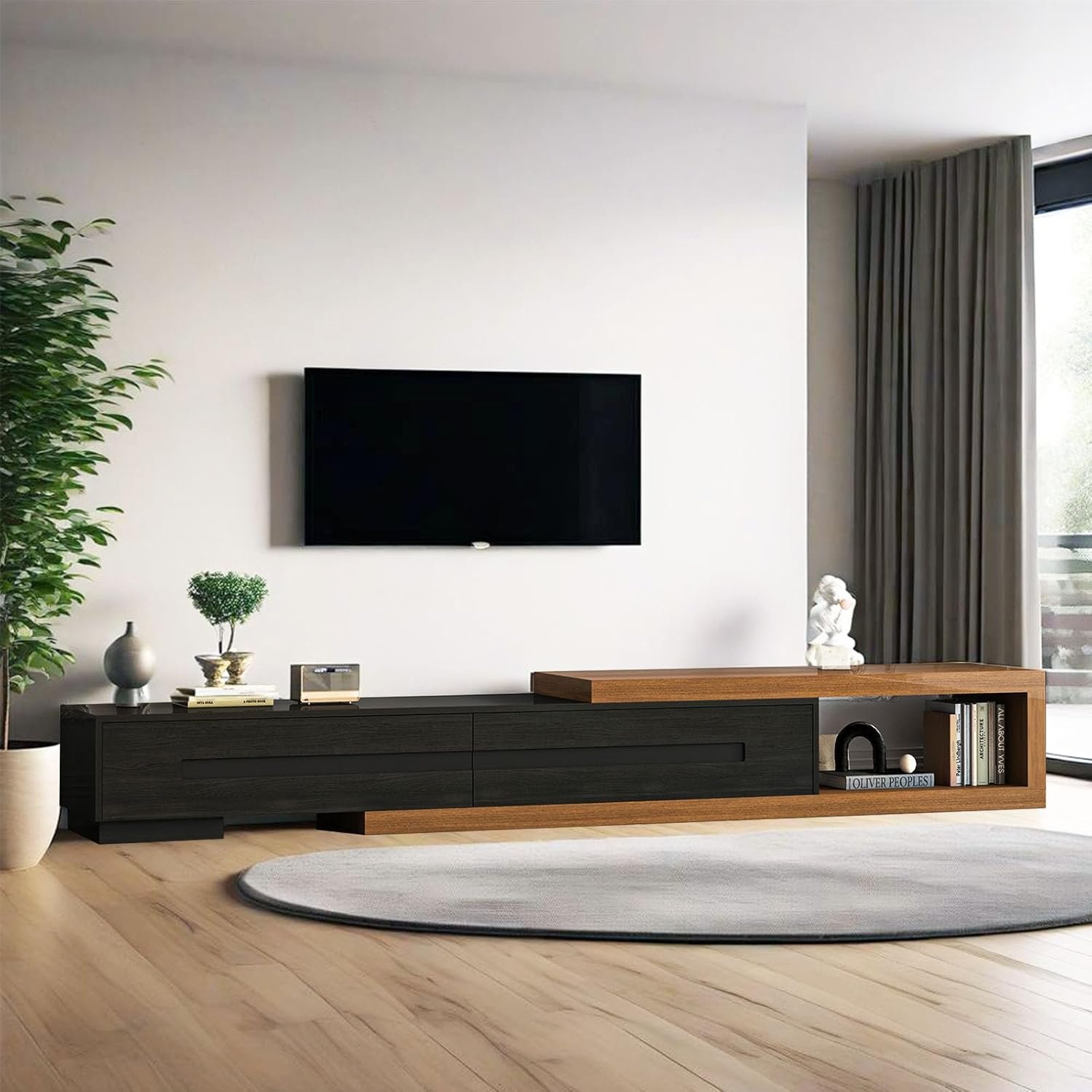 Extendable TV Stand with 2 Drawers, 80"-115" Modern Wood TV Console for Up to 120 Inch TV, Long Reversible Entertainment Center with Storage for Living Room Bedroom, Black& Walnut