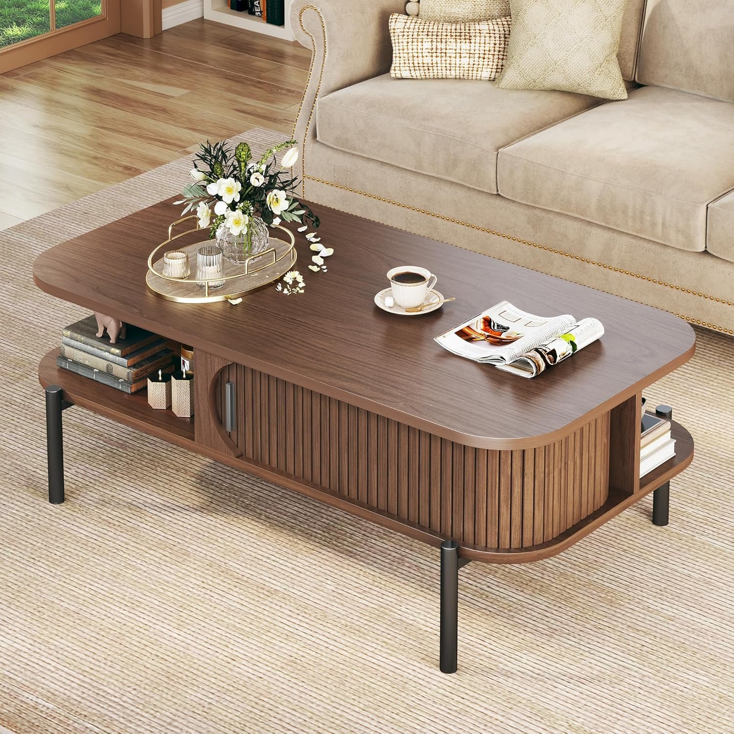 Coffee Table, 39.4" Mid Century Modern Coffee Tables for Living Room, Coffee Table with Storage Open Shelf, Fluted Table with Sliding Cabinet Door, 2-Tier Rustic Wood Desktop, Walnut