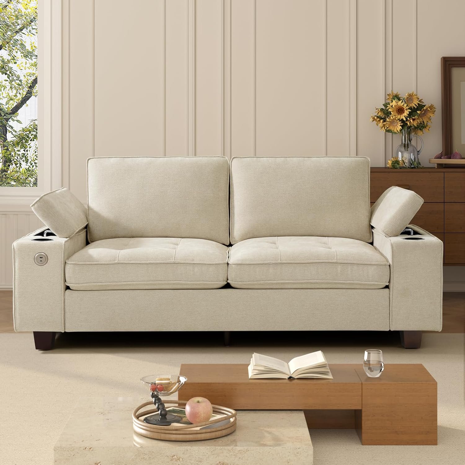 84" Loveseat for Living Room,Modern Chenille Upholstered 2-Seater Loveseat Couch for Apartment,Solid Wood Sofa with Adjustable Storage Armrest,Cup Holders,USB & Type-C Ports(Beige)