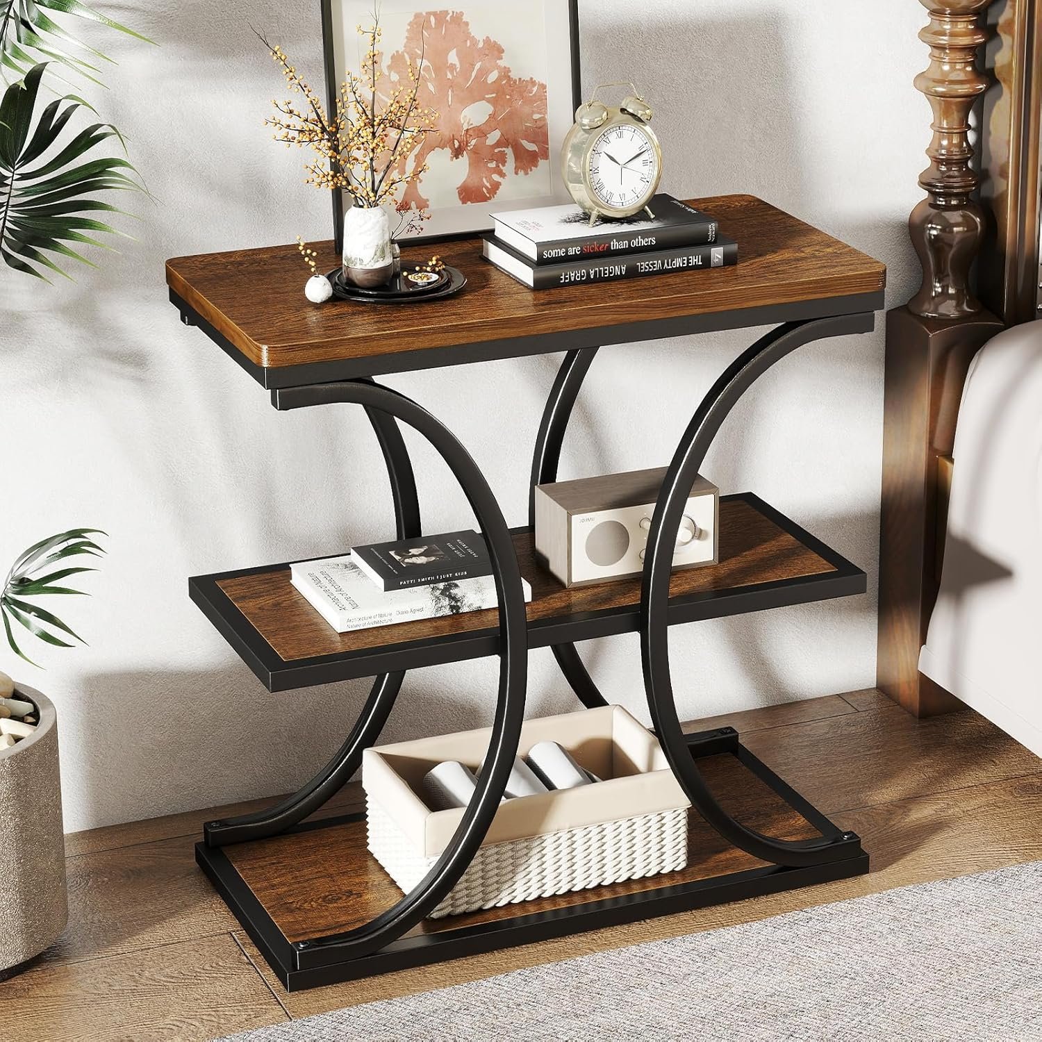 BECHAEO 24" End Tables Living Room, Industrial 3-Tier Small Side Table with Storage Shelves, Wood Sofa Table with Geometric Metal Frame, Multi-Functional Nightstand for Bedroom