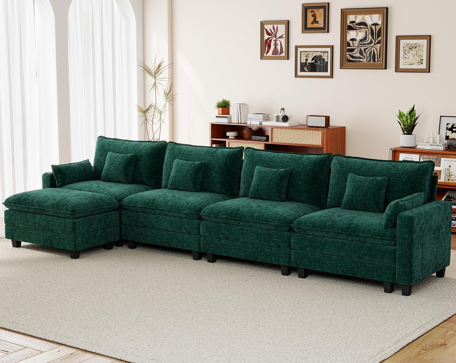 151" Modular Sectional Sofa, Chenille L Shaped Couch, 4 Seater Sofa with Movable Ottoman/Smart Charging Module/Throw Pillow, Modern Deep Seat Cloud Couches for Living Room