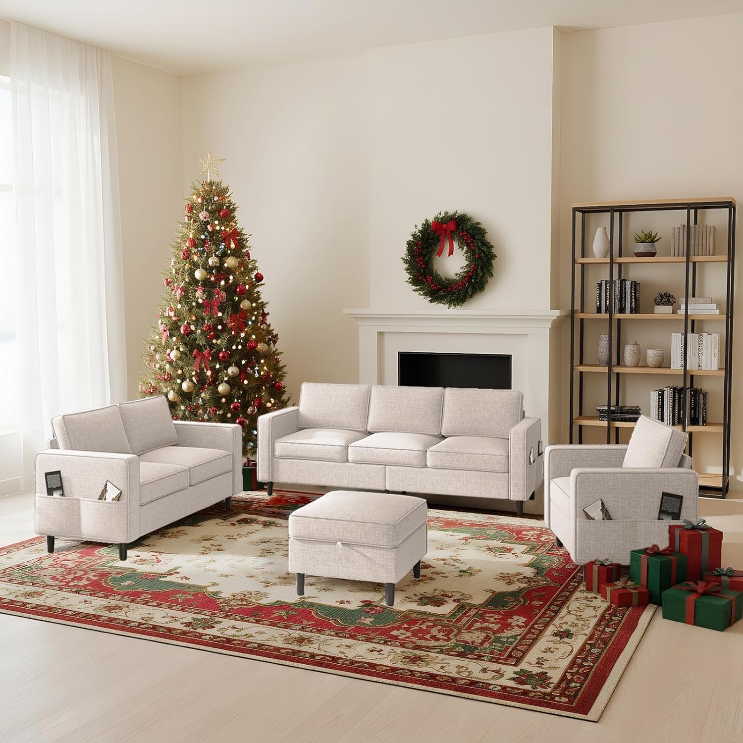 3 Pieces Sofa Sets Furniture for Living Room, Linen Fabric 3 Seater Sofa with Ottoman and Loveseat and Armchair Sets, Modern L Shaped Couch + Love Seat + Accent Chair Sets,Beige
